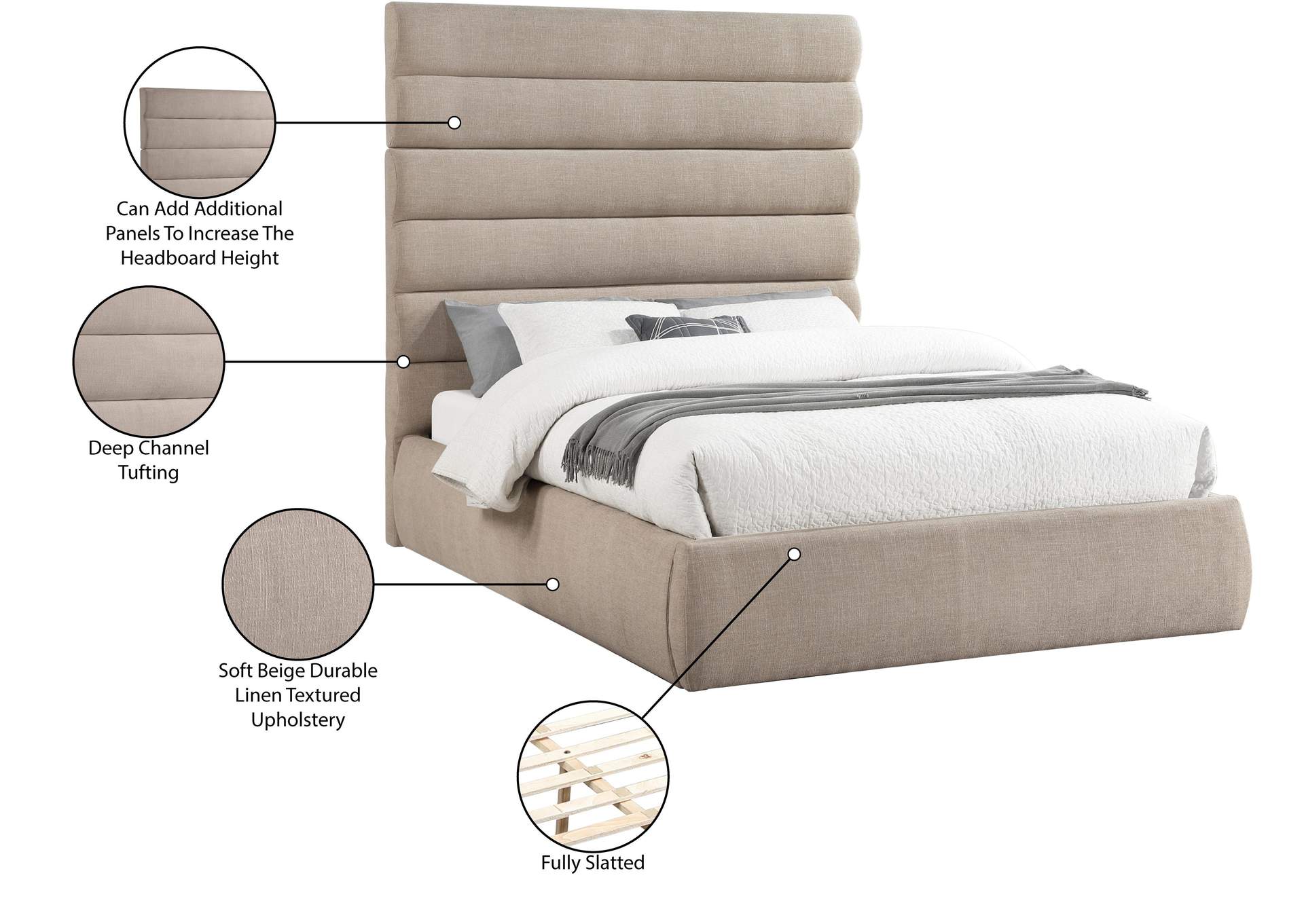 Adam Beige Linen Textured Fabric Queen Bed image 11
