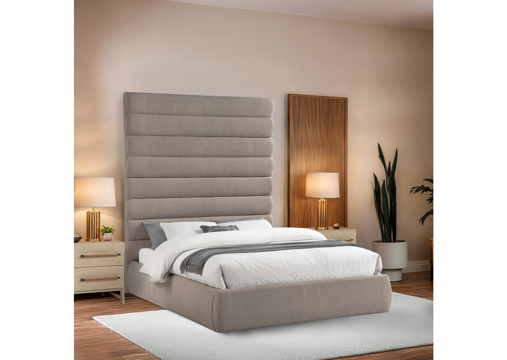 Adam Beige Linen Textured Fabric Queen Bed