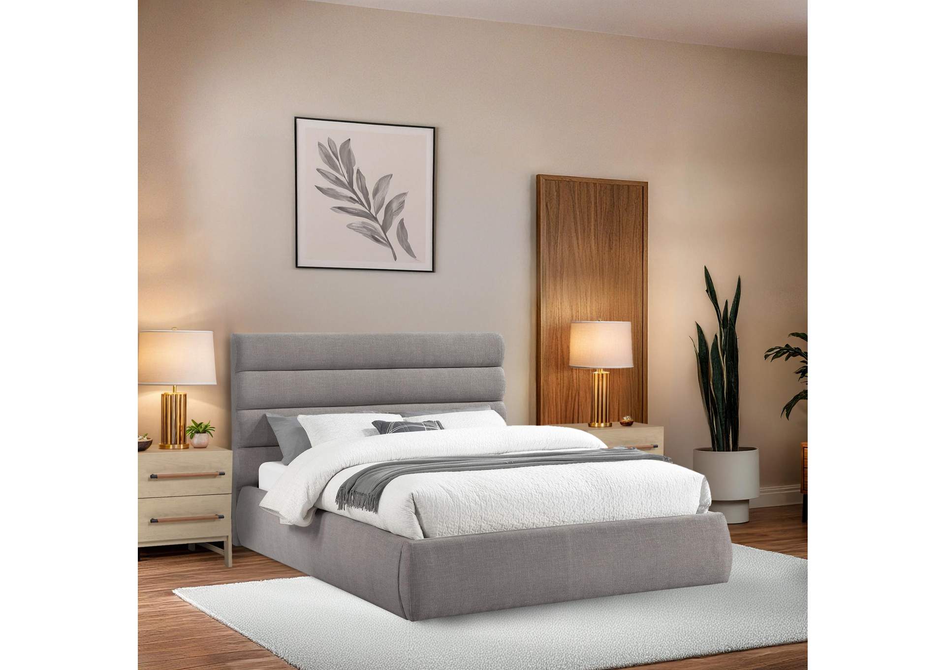 Adam Taupe Linen Textured Fabric Queen Bed image 3