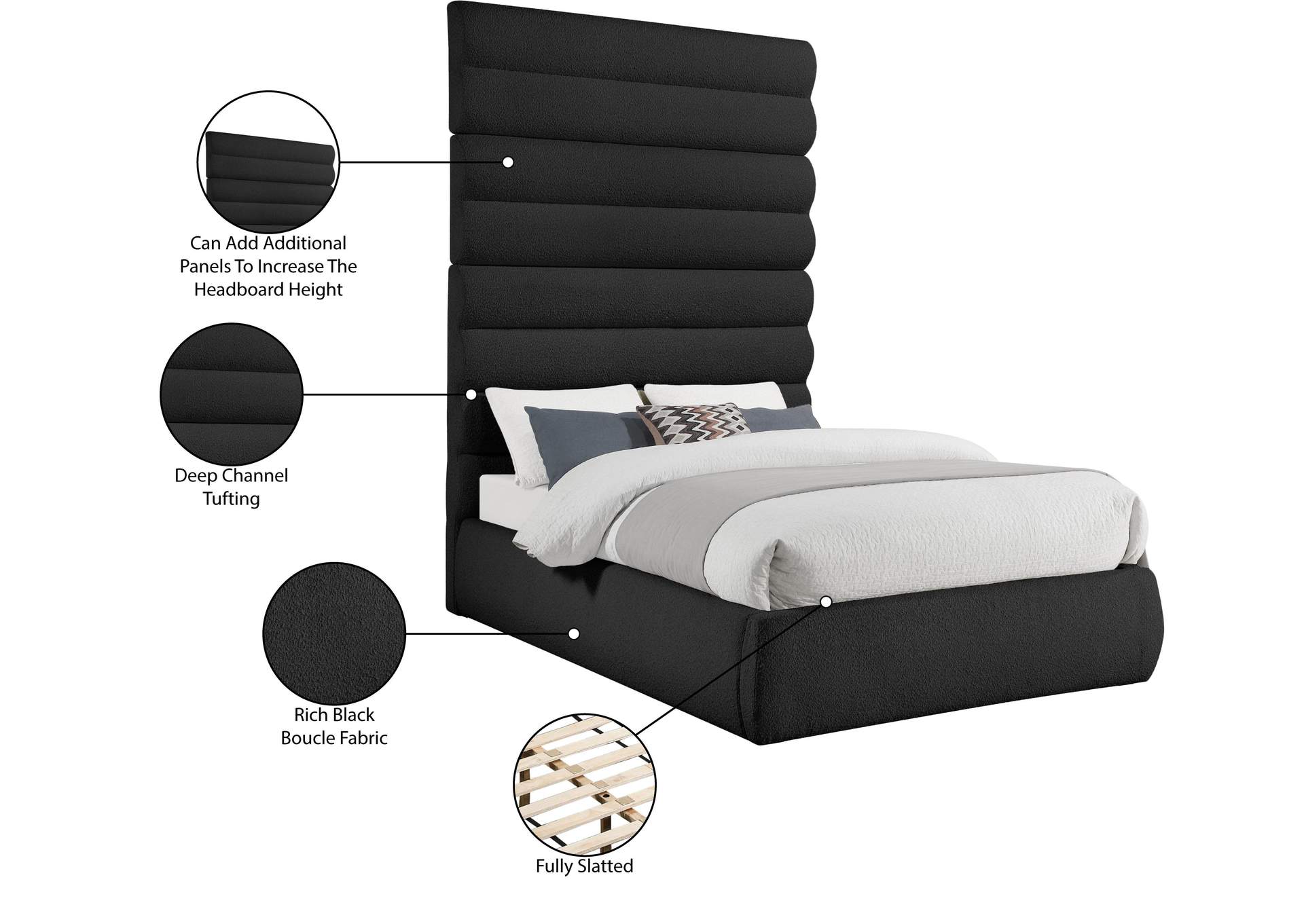 Adam Black Boucle Fabric King Bed