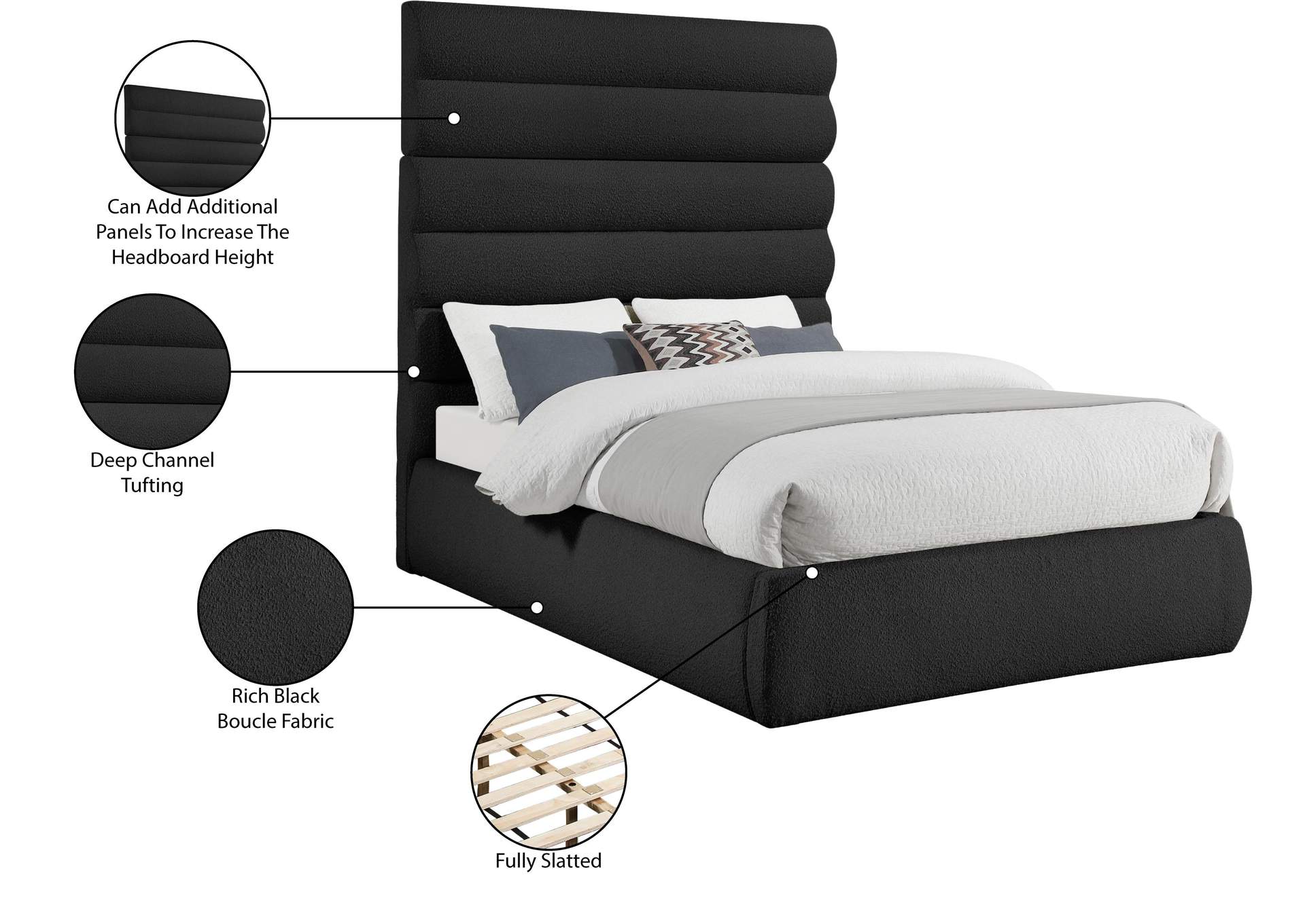 Adam Black Boucle Fabric Queen Bed image 11