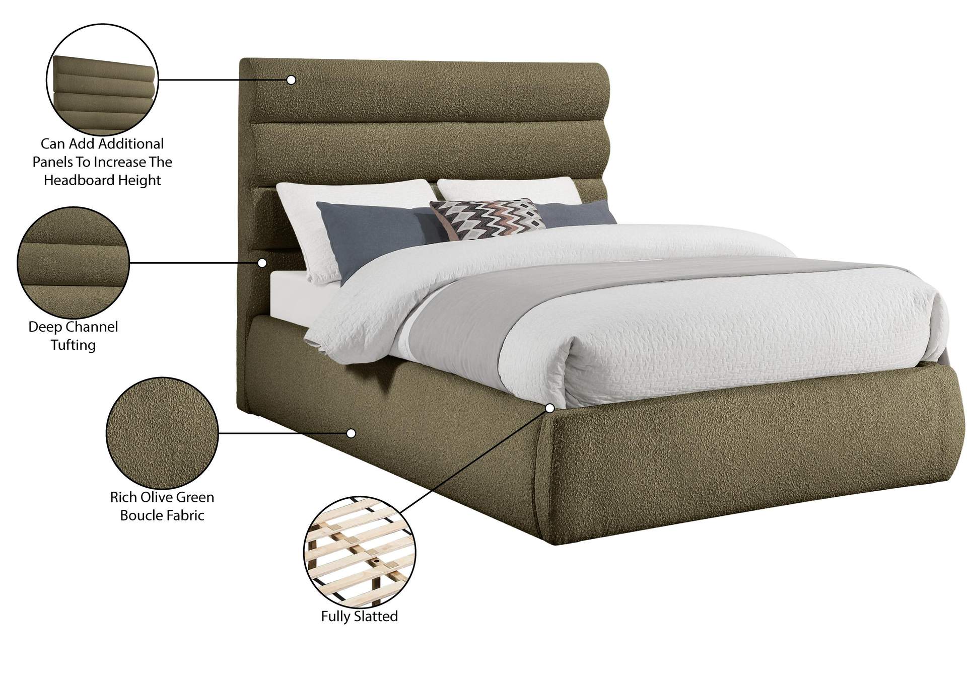 Adam Olive Boucle Fabric King Bed