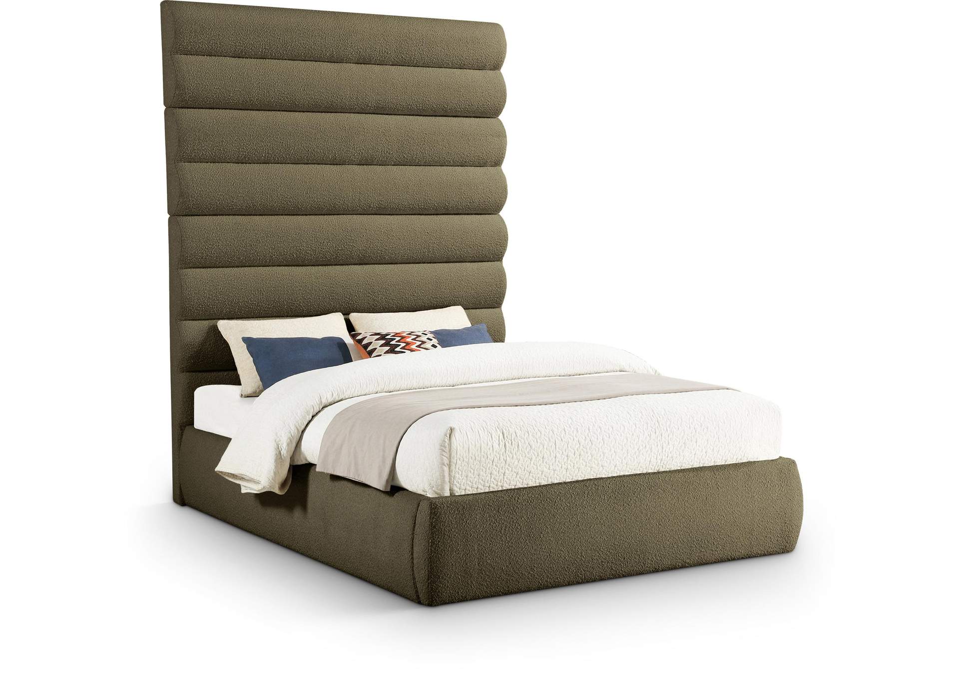 Adam Olive Boucle Fabric Queen Bed
