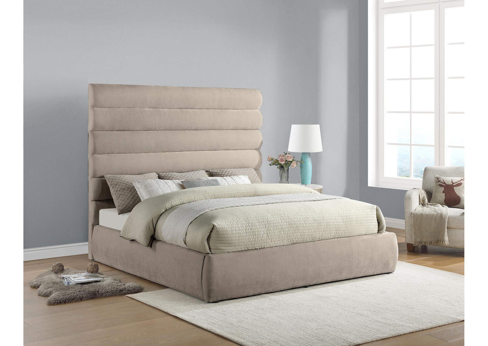 Adam Beige Chenille Fabric King Bed image 3