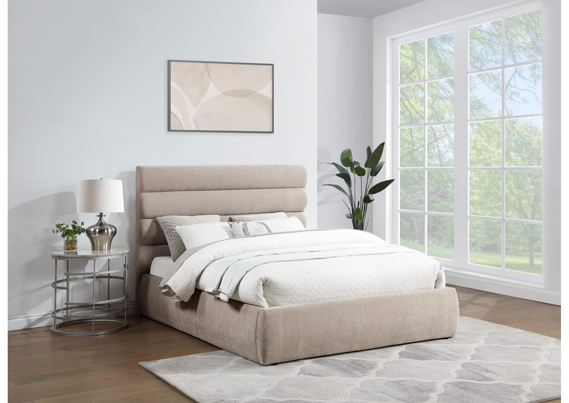 Adam Beige Chenille Fabric Queen Bed