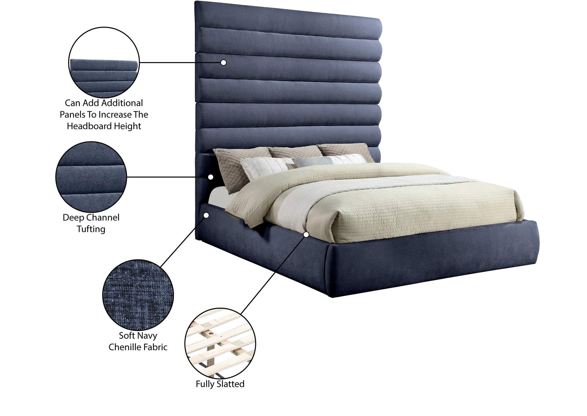 Adam Navy Chenille Fabric King Bed