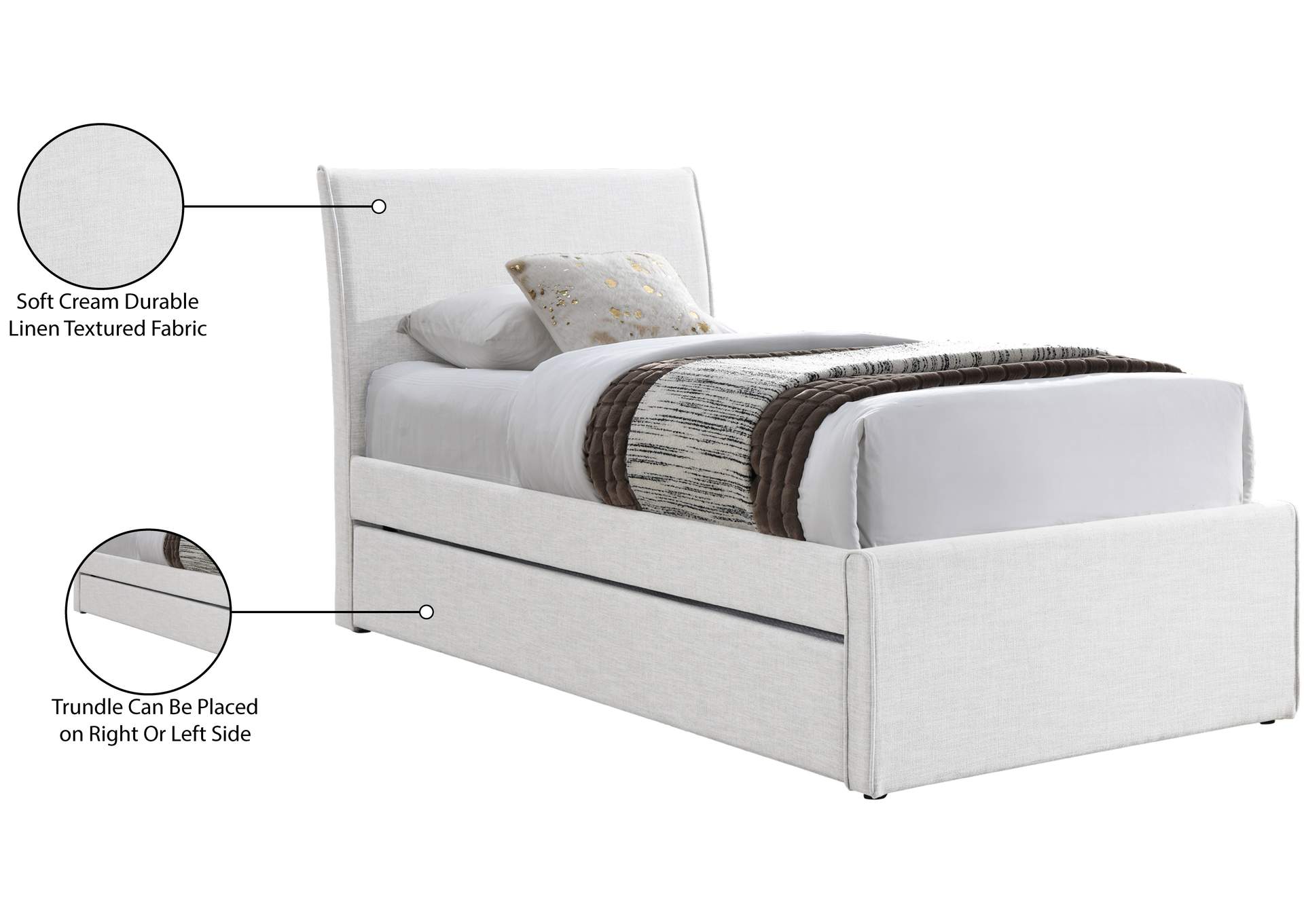 Myles Cream Linen Textured Fabric Upholstered Twin Trundle Bed image 10
