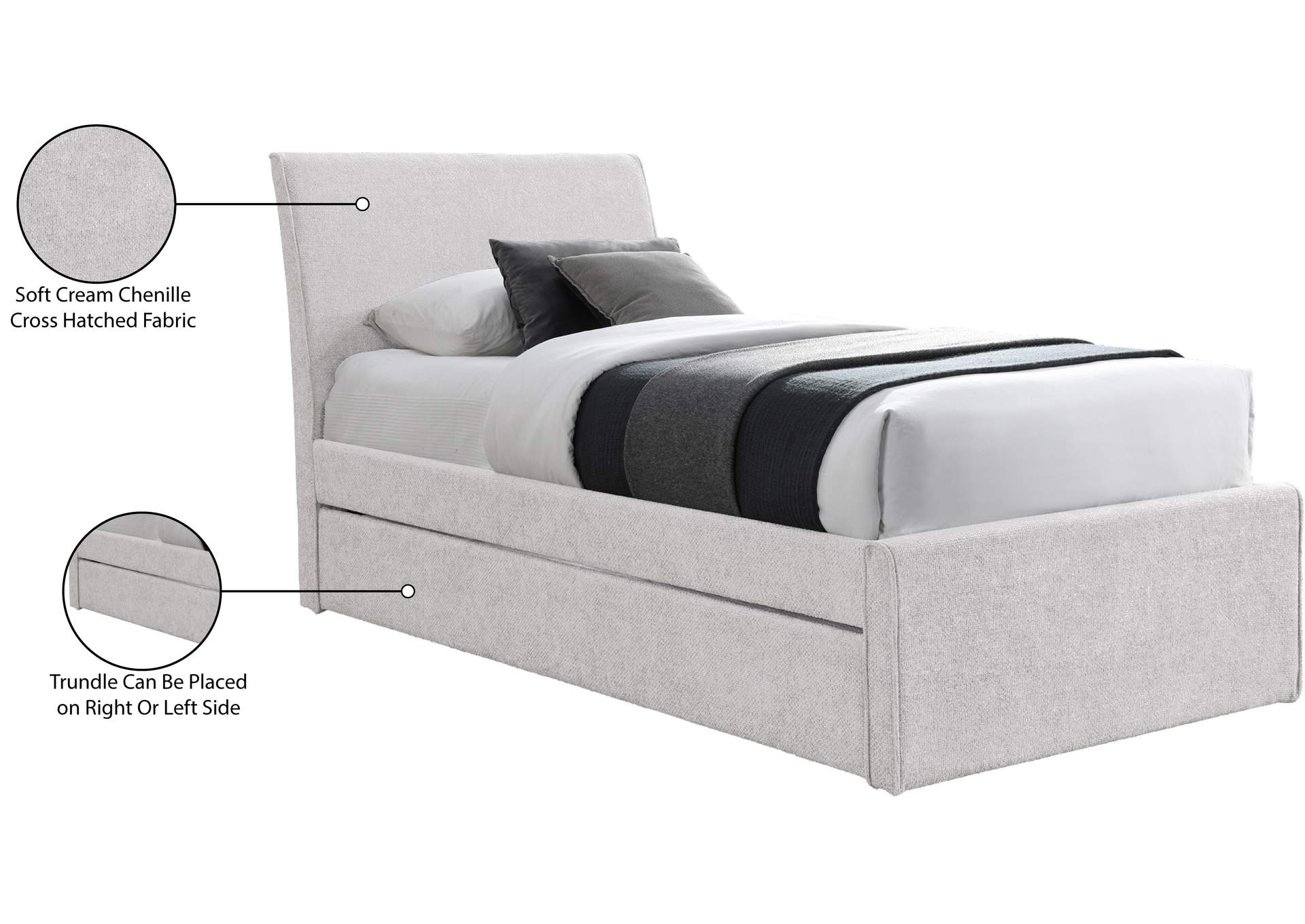 Myles Cream Chenille Fabric Upholstered Twin Trundle Bed image 10