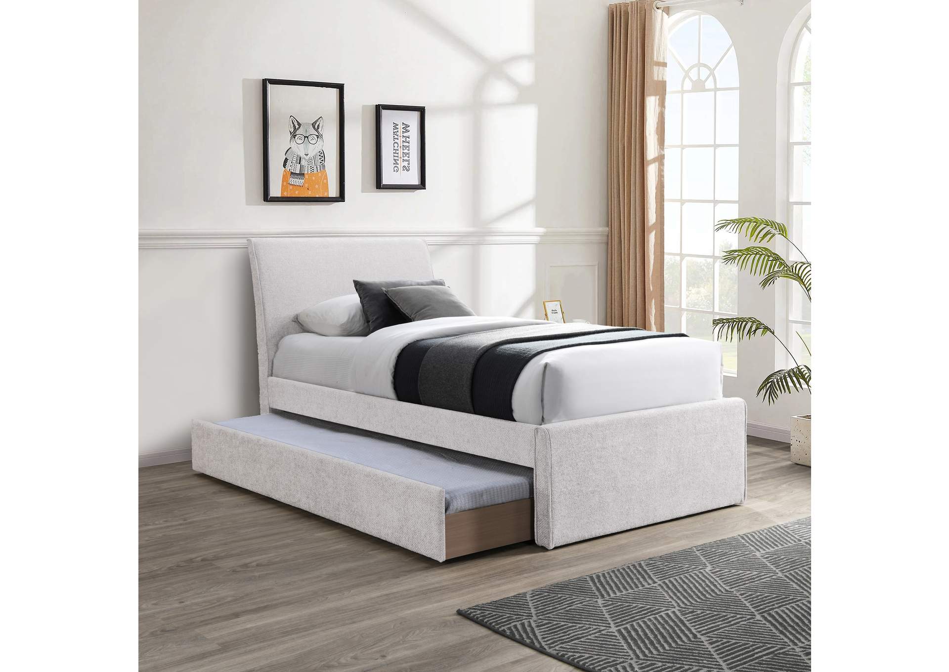 Myles Cream Chenille Fabric Upholstered Twin Trundle Bed image 3