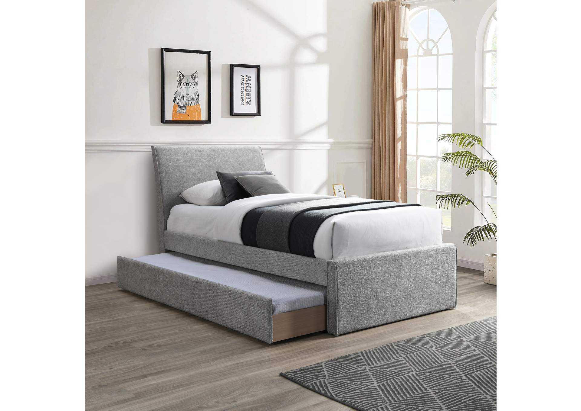 Myles Grey Chenille Fabric Upholstered Twin Trundle Bed image 3