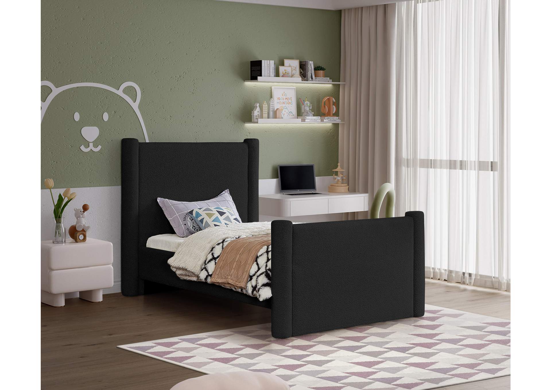 Elias Black Boucle Fabric Twin Bed