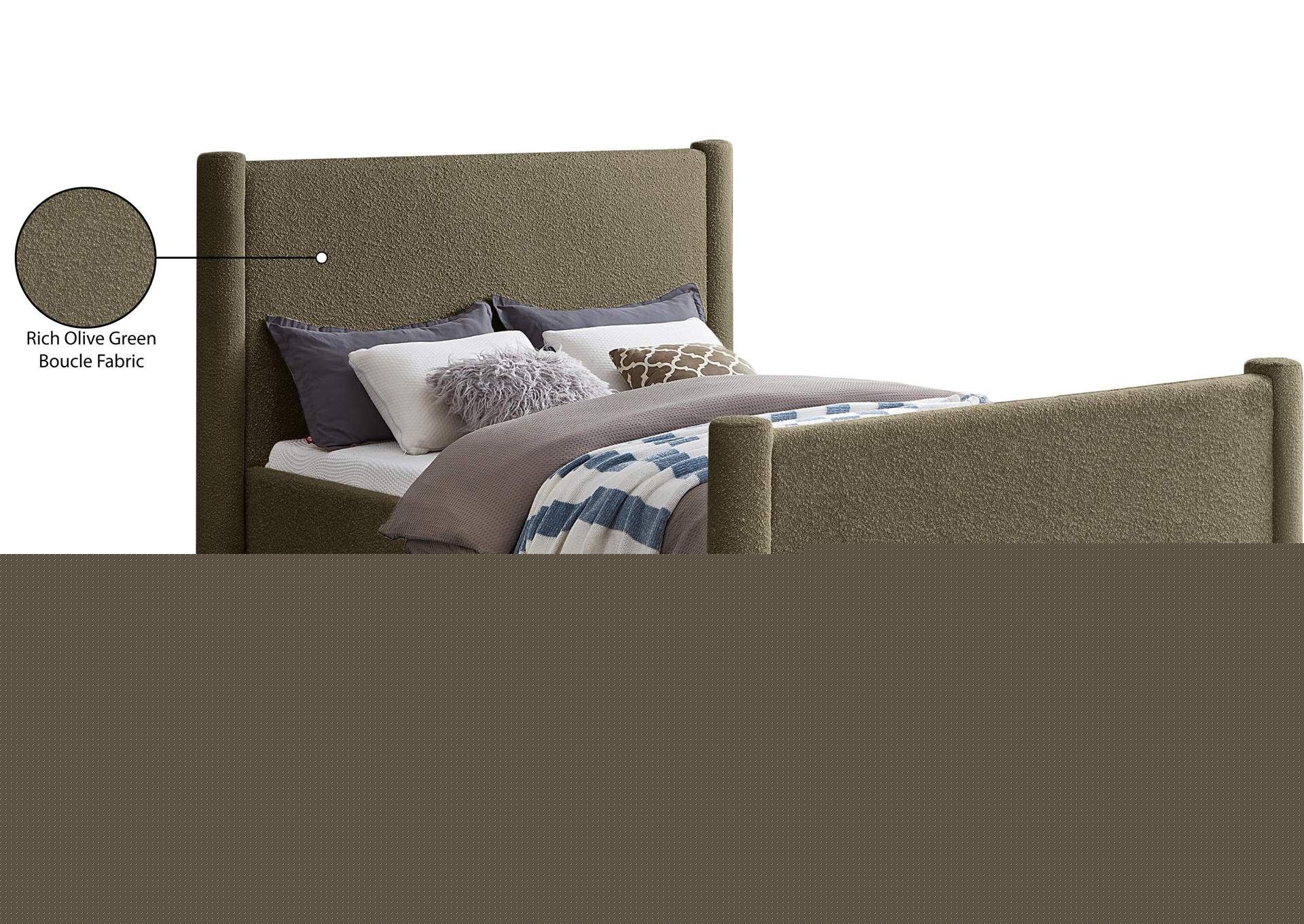 Elias Olive Green Boucle Fabric Queen Bed