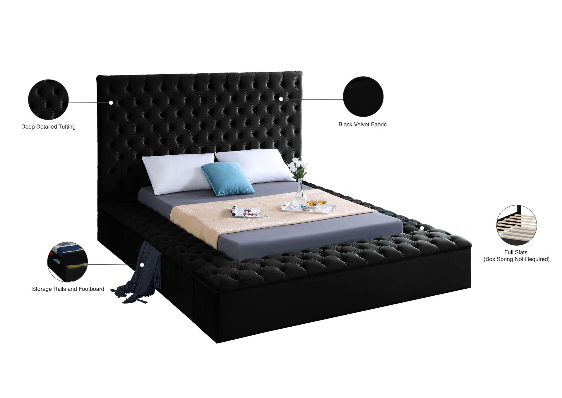 Bliss Black Velvet Full Bed (3 Boxes)