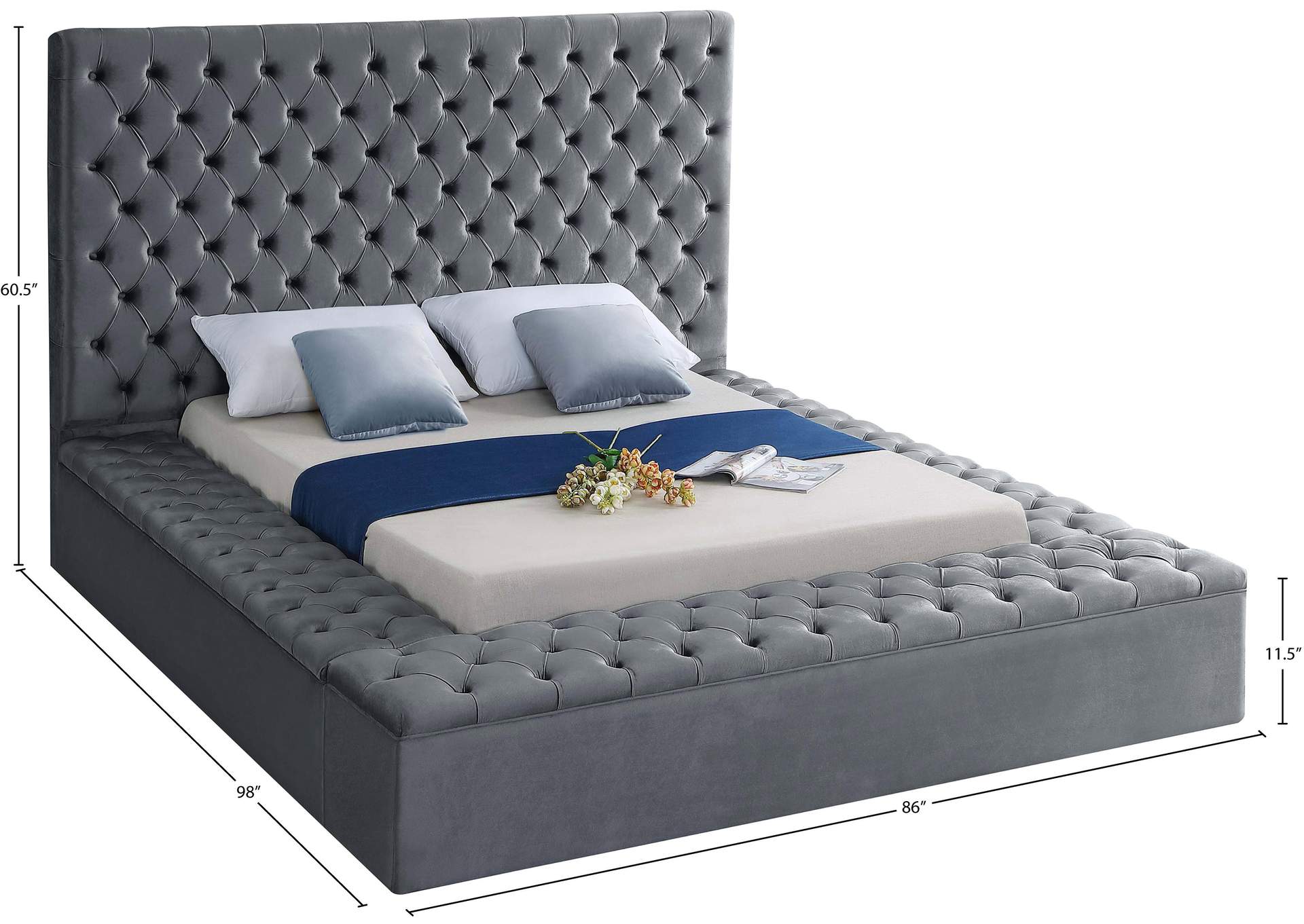 Bliss Grey Velvet Queen Bed (3 Boxes)