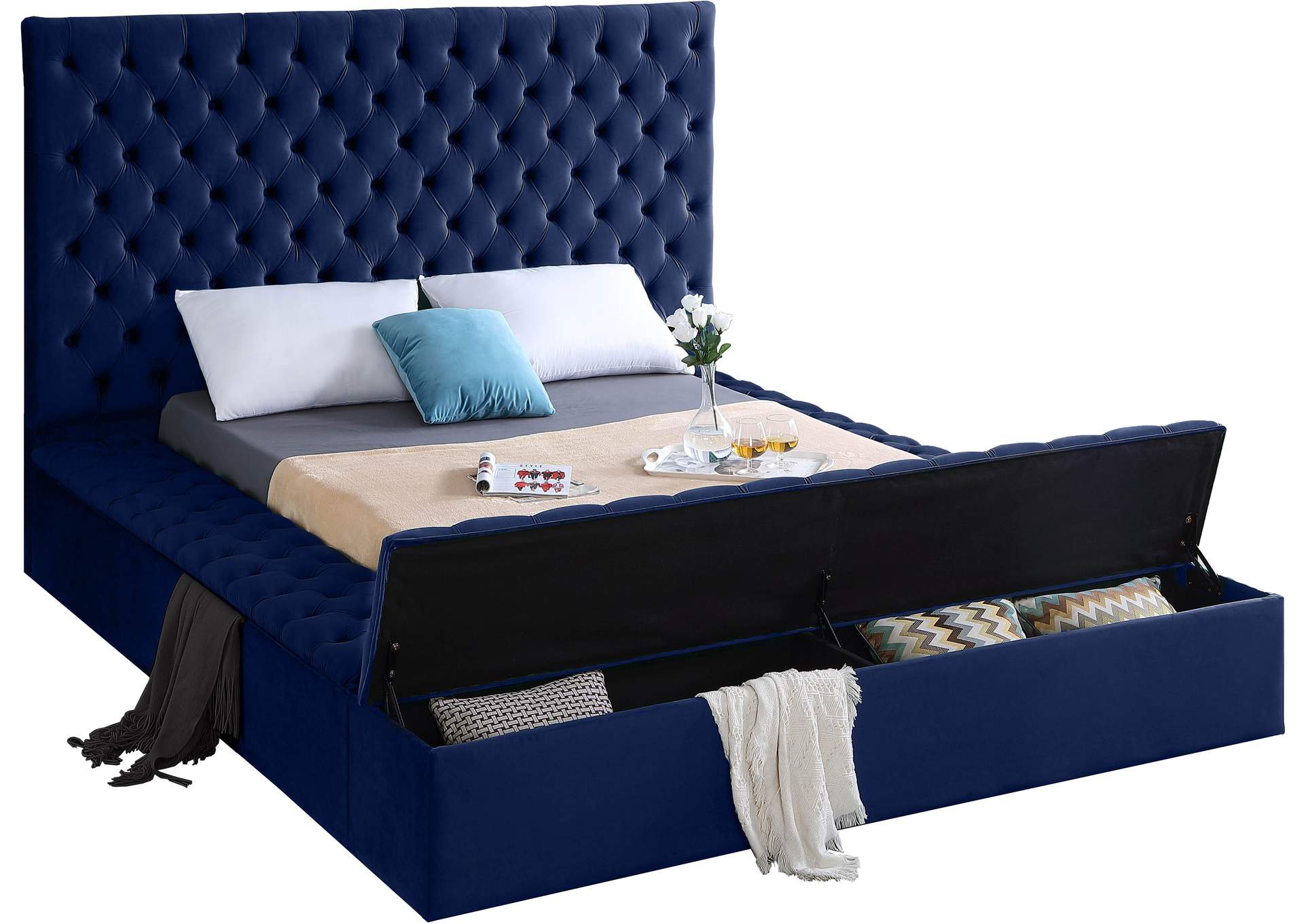 Bliss Navy Velvet Queen Bed (3 Boxes)