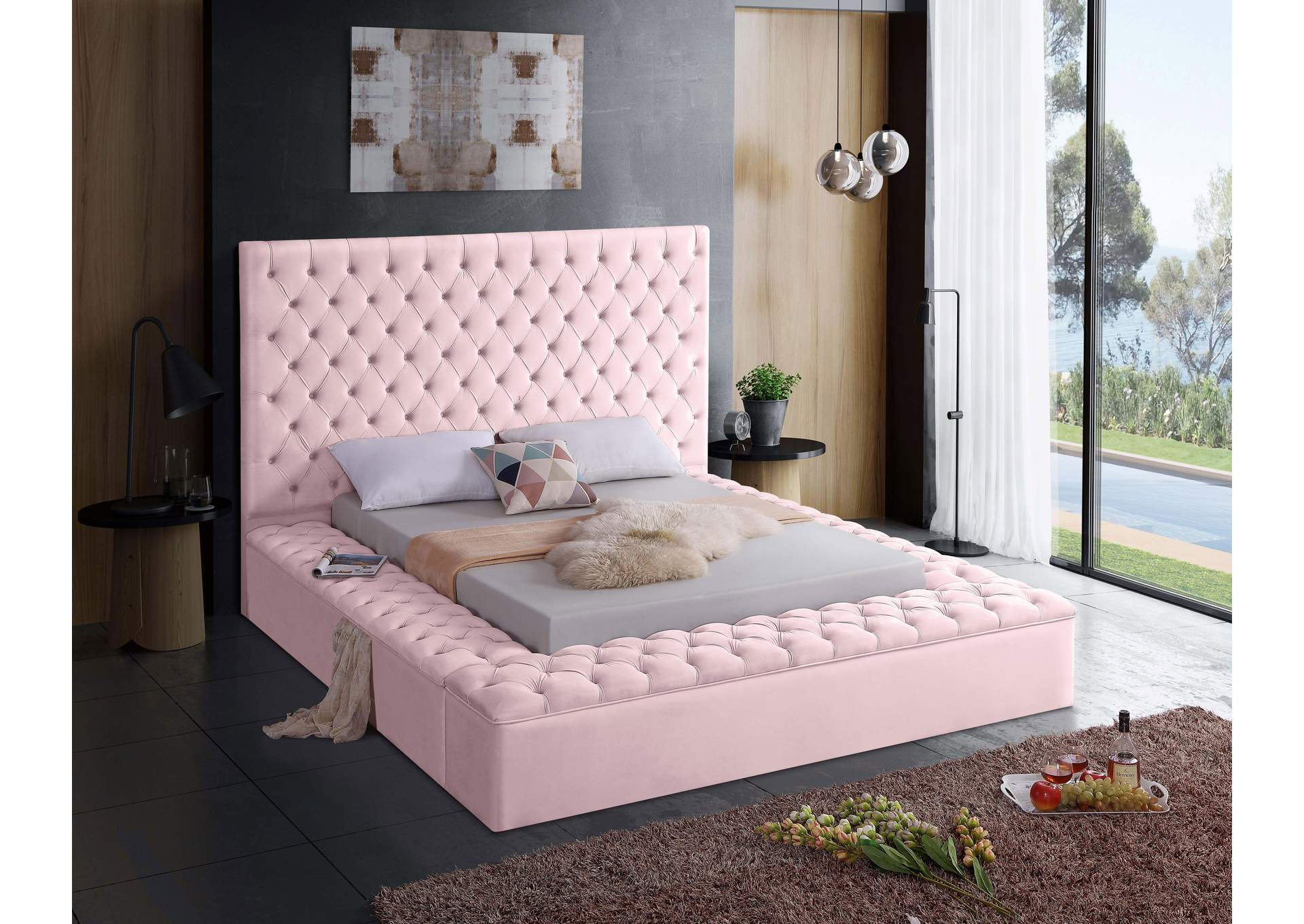Bliss Pink Velvet King Bed (3 Boxes)