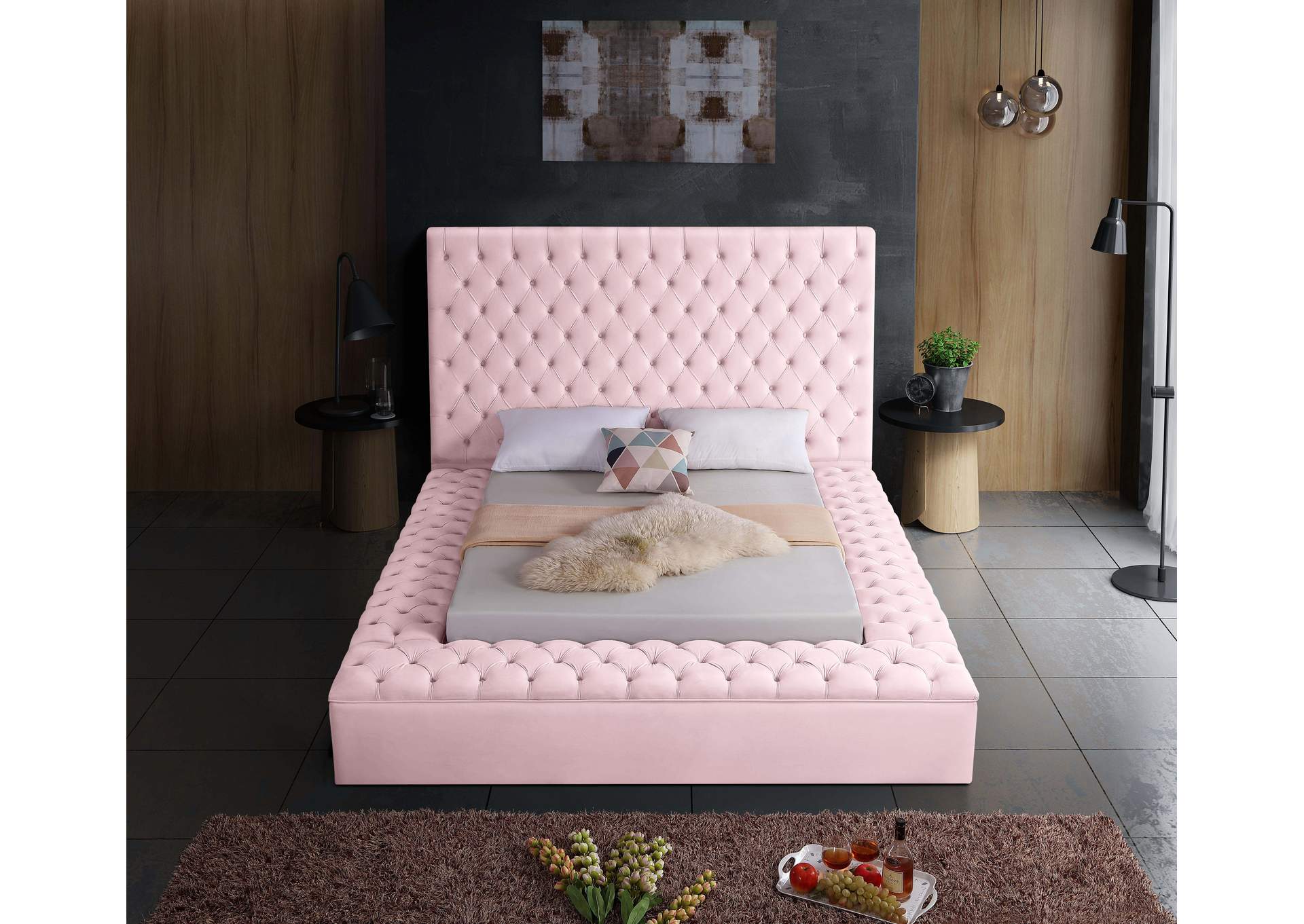 Bliss Pink Velvet King Bed (3 Boxes)
