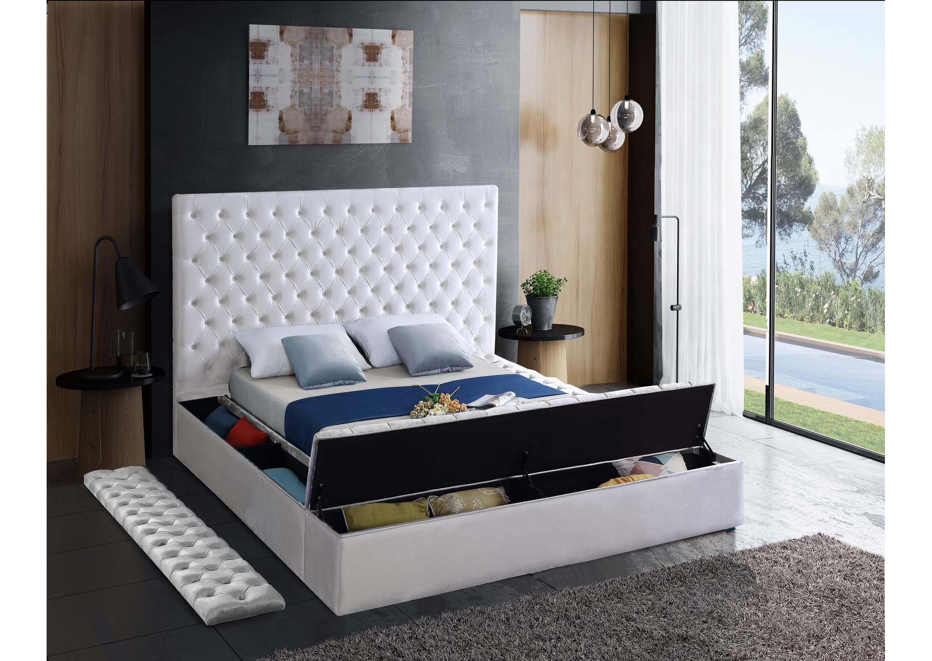 Bliss White Velvet Queen Bed (3 Boxes)