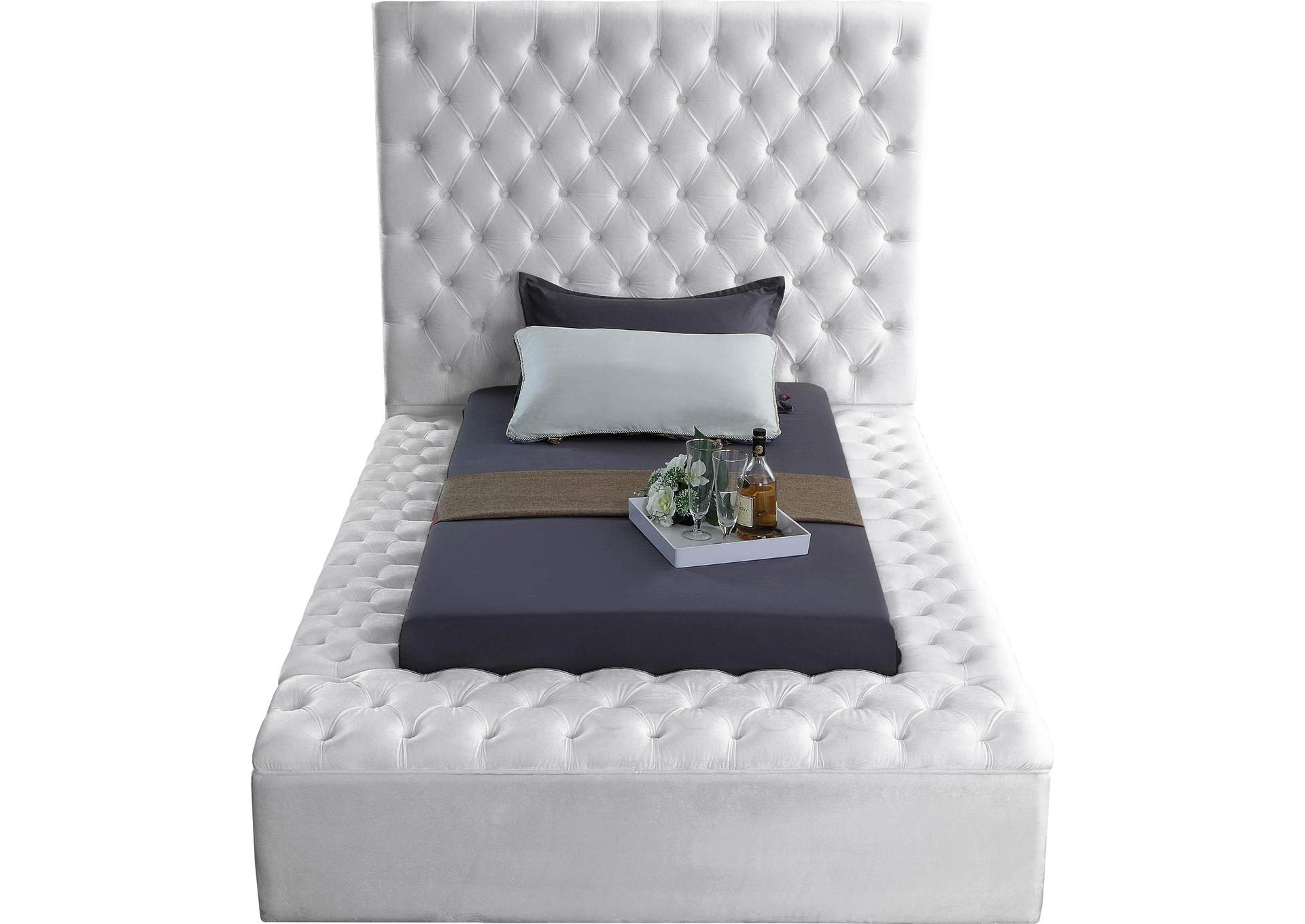 Bliss White Velvet Twin Bed (3 Boxes)