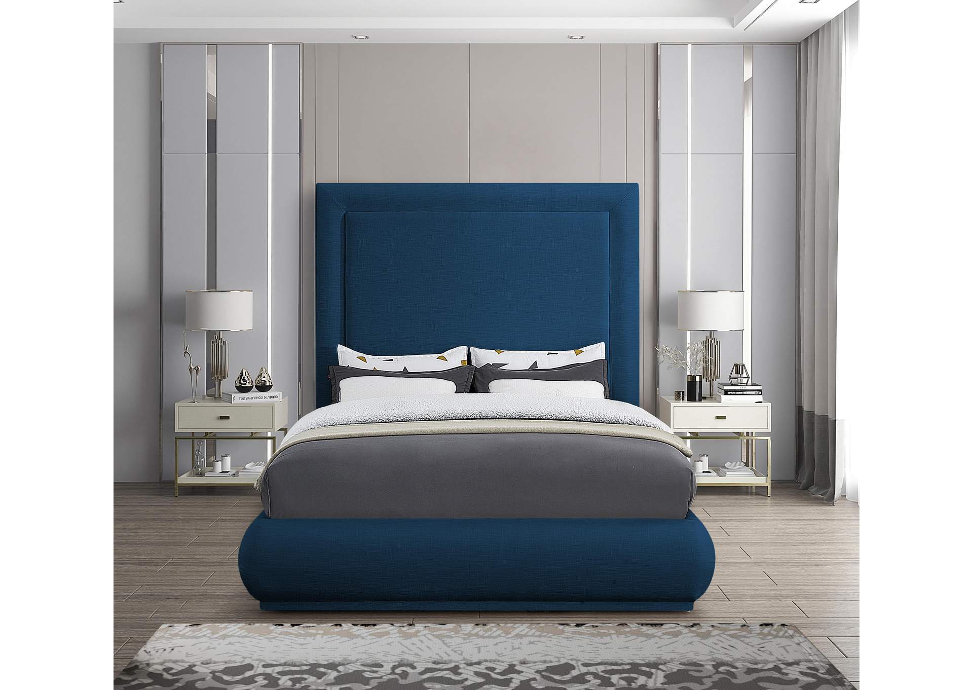 Brooke Navy Linen Textured Fabric Queen Bed