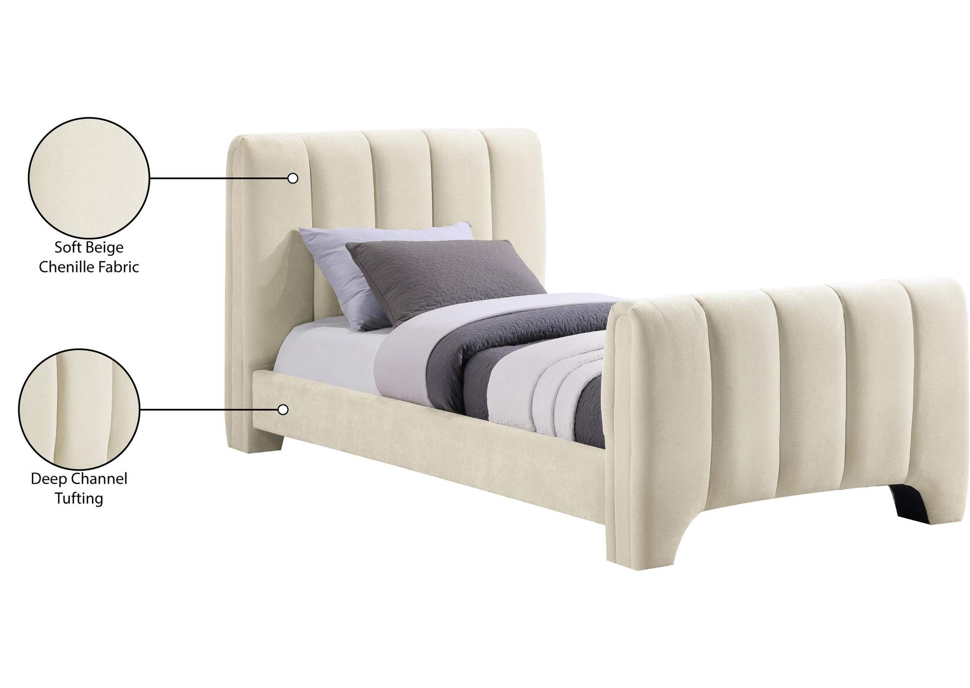 Camila Beige Chenille Fabric Twin Bed (3 Boxes)