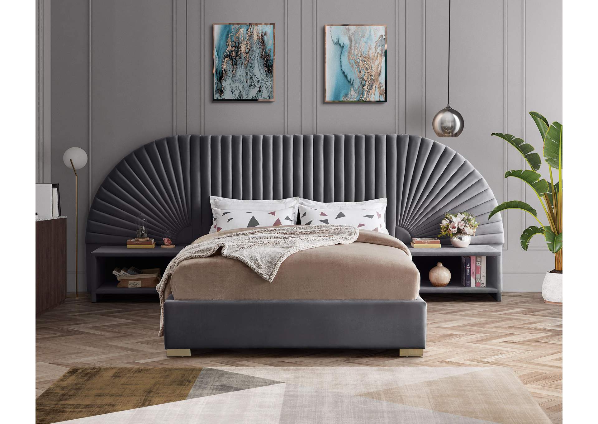 Cleo Grey Velvet King Bed (3 Boxes)