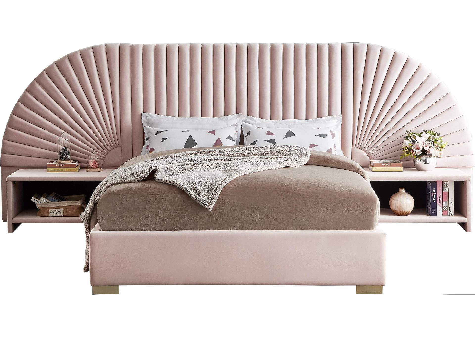 Cleo Pink Velvet Queen Bed (3 Boxes)