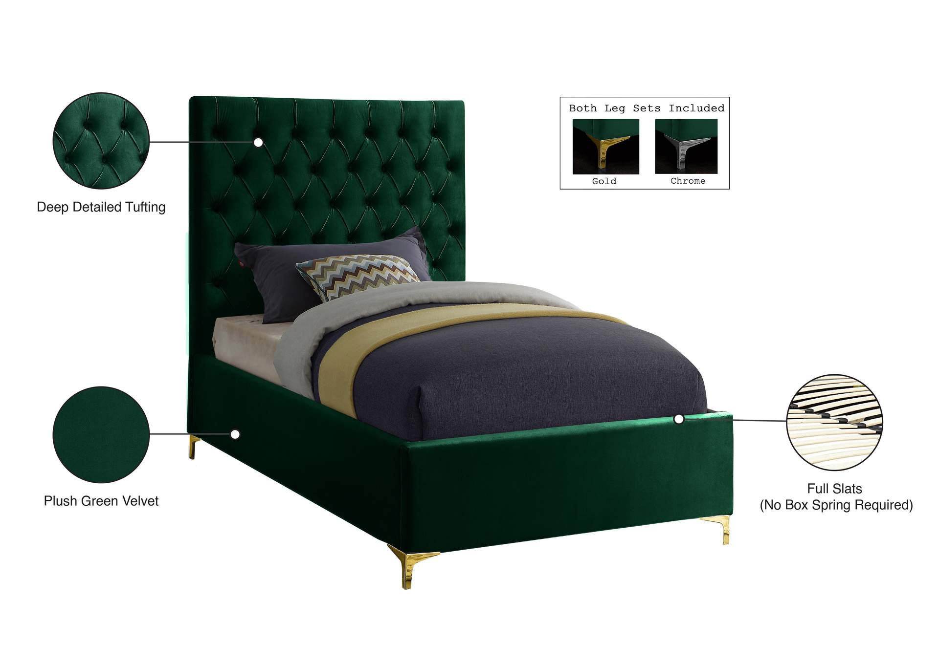 Cruz Green Velvet Twin Bed