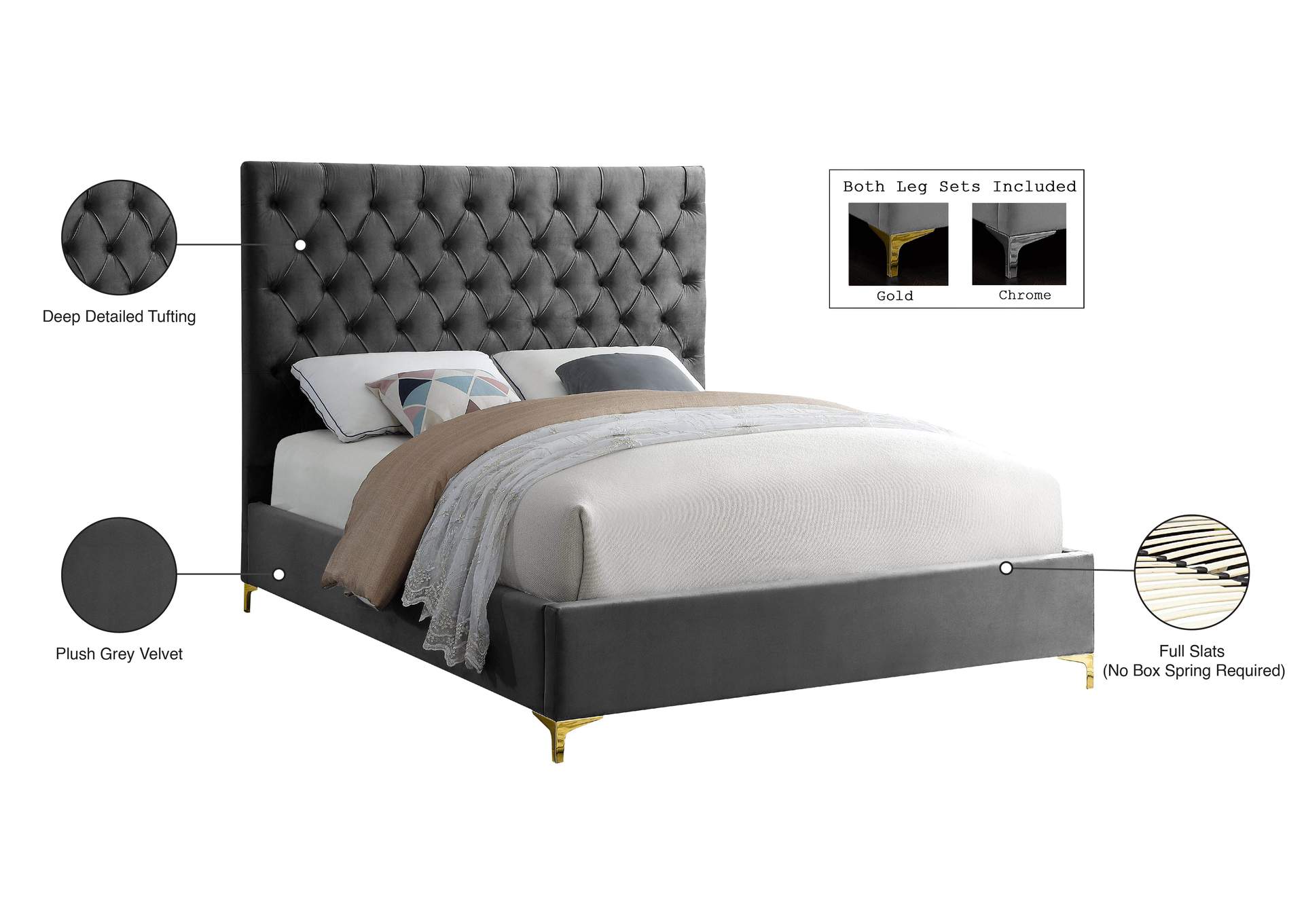 Cruz Grey Velvet Queen Bed