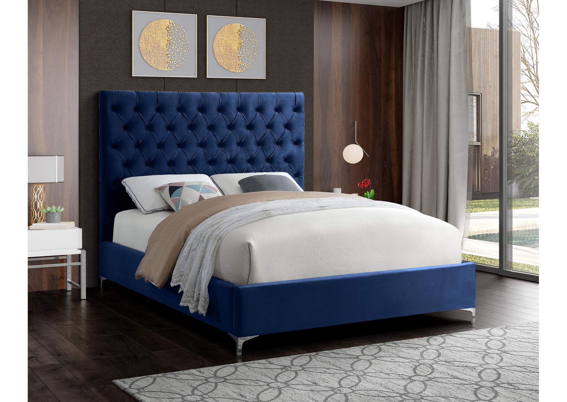 Cruz Navy Velvet Queen Bed