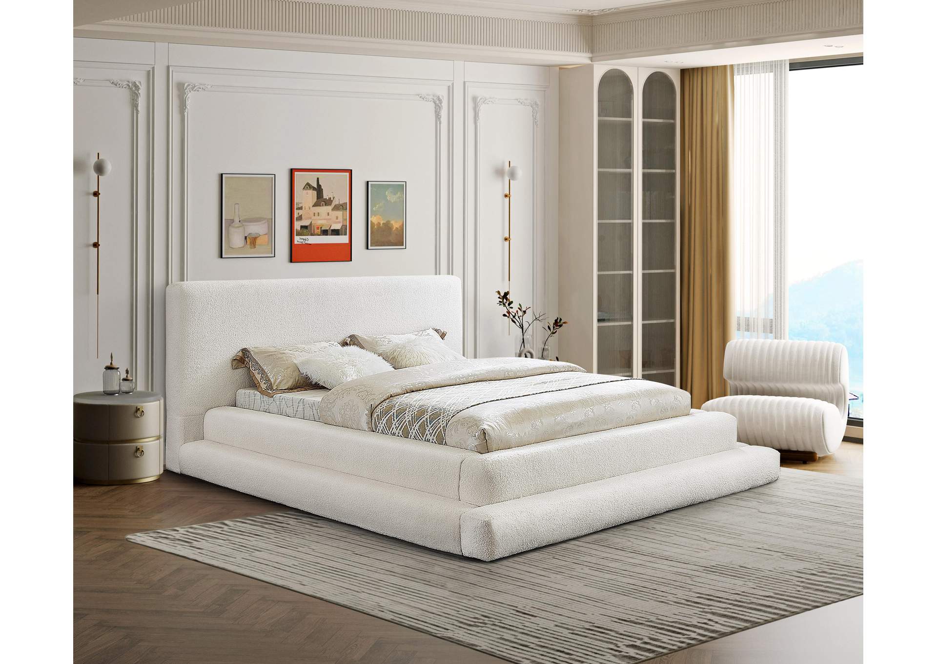Dane Cream Teddy Fabric King Bed (3 Boxes)