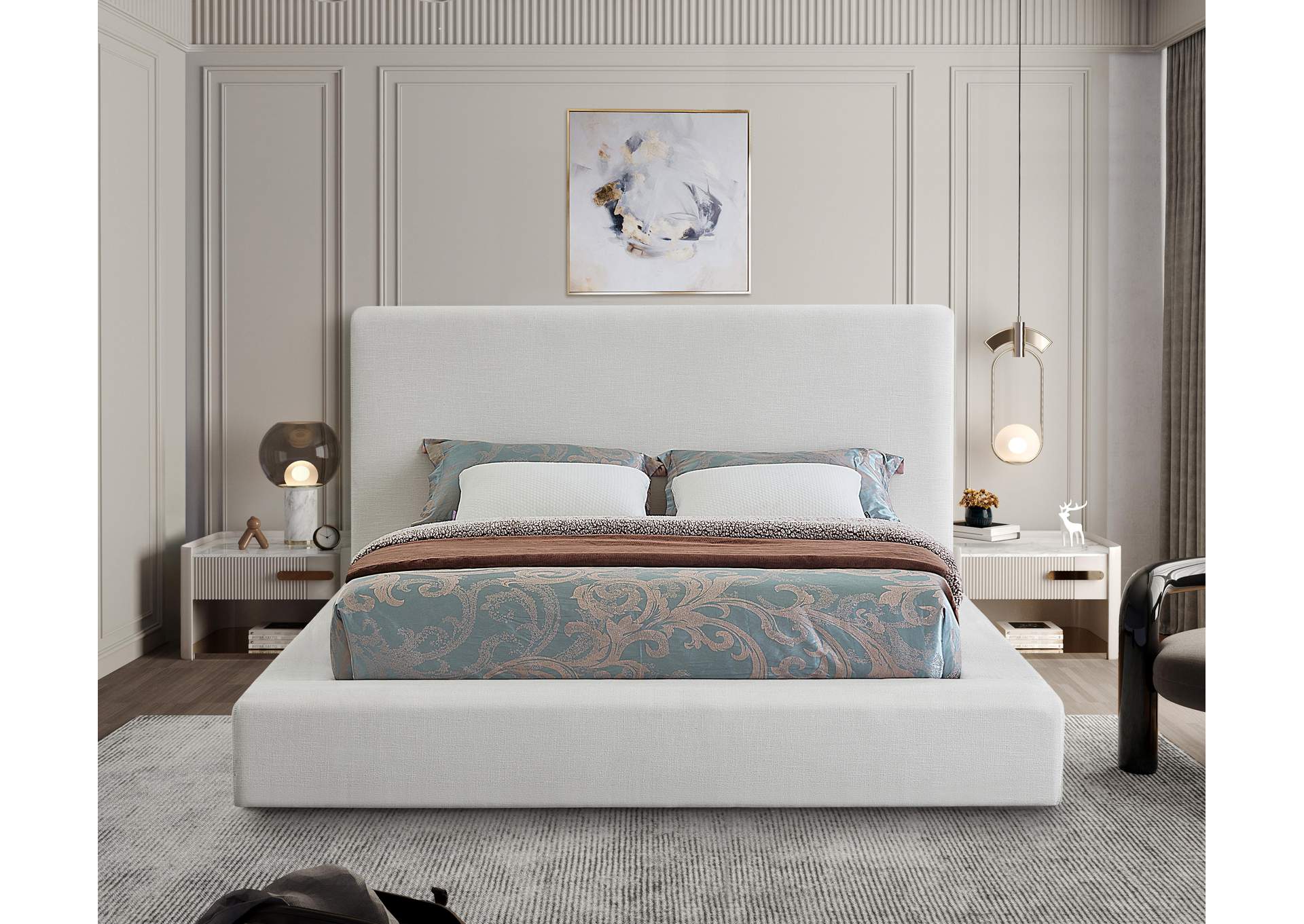 Devin Cream Linen Textured Fabric King Bed