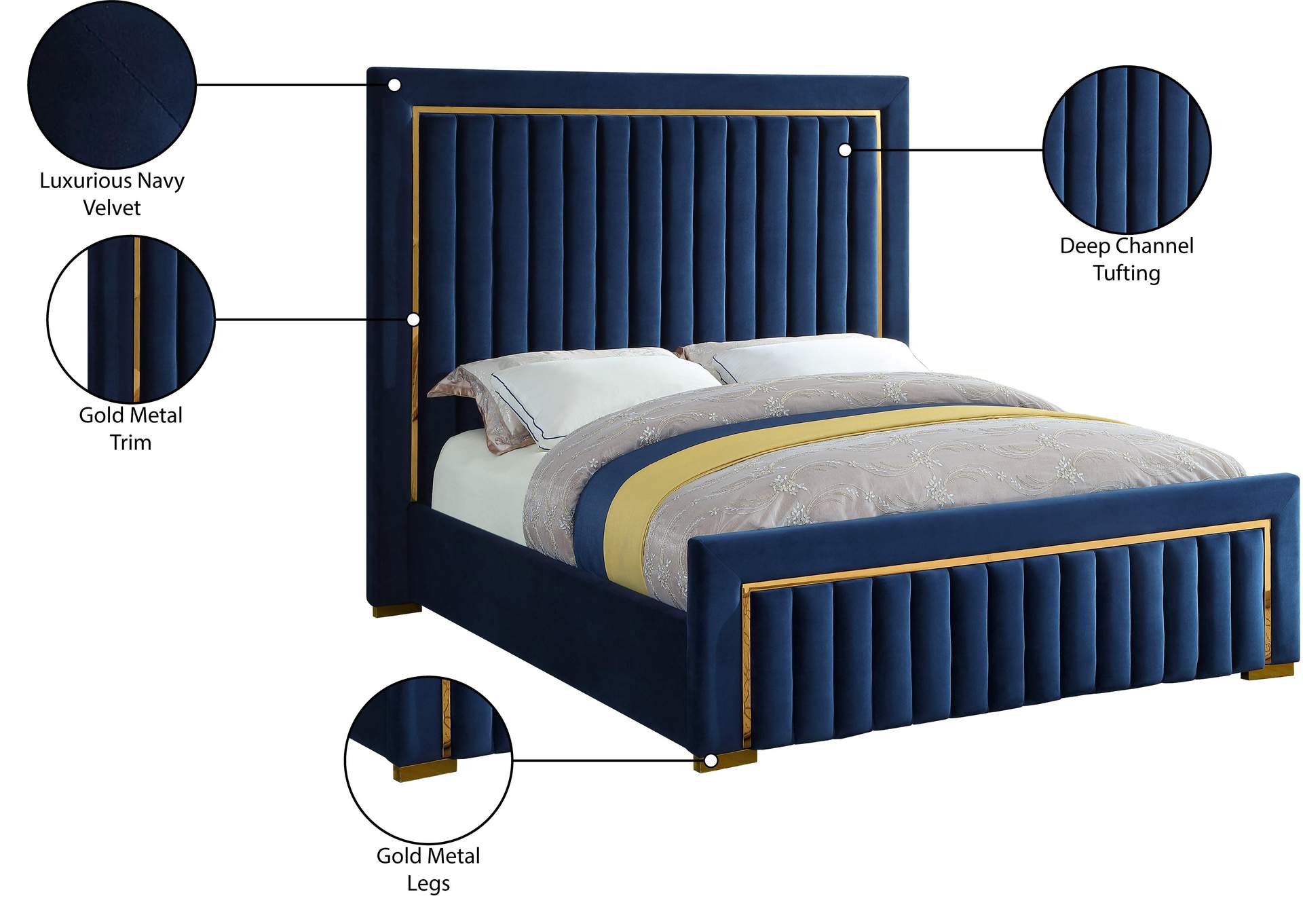 Dolce Navy Velvet Queen Bed (3 Boxes)