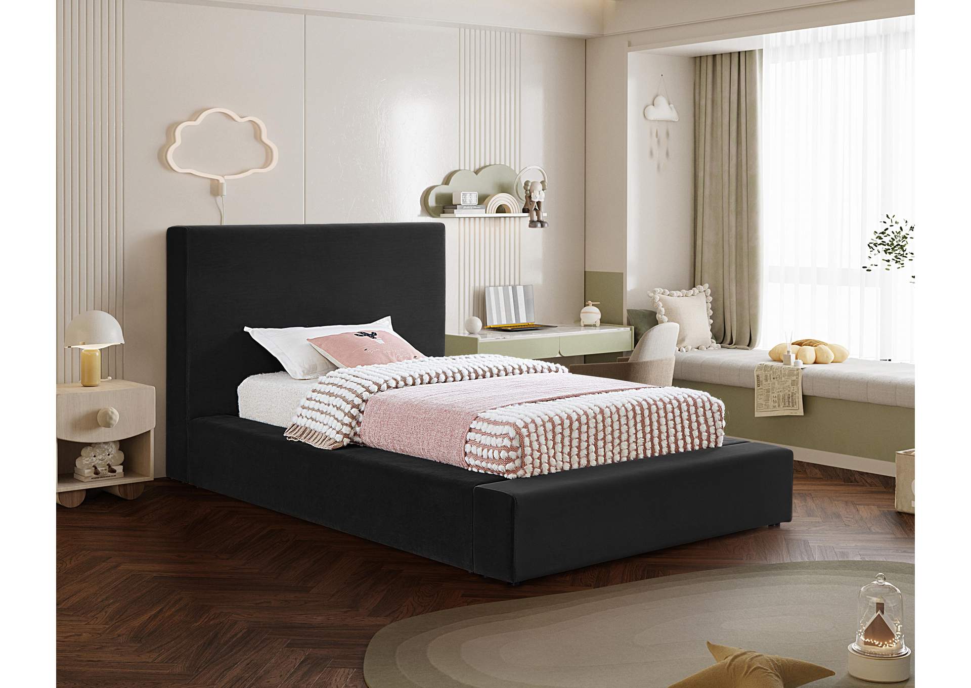 Dorian Black Velvet Twin Bed
