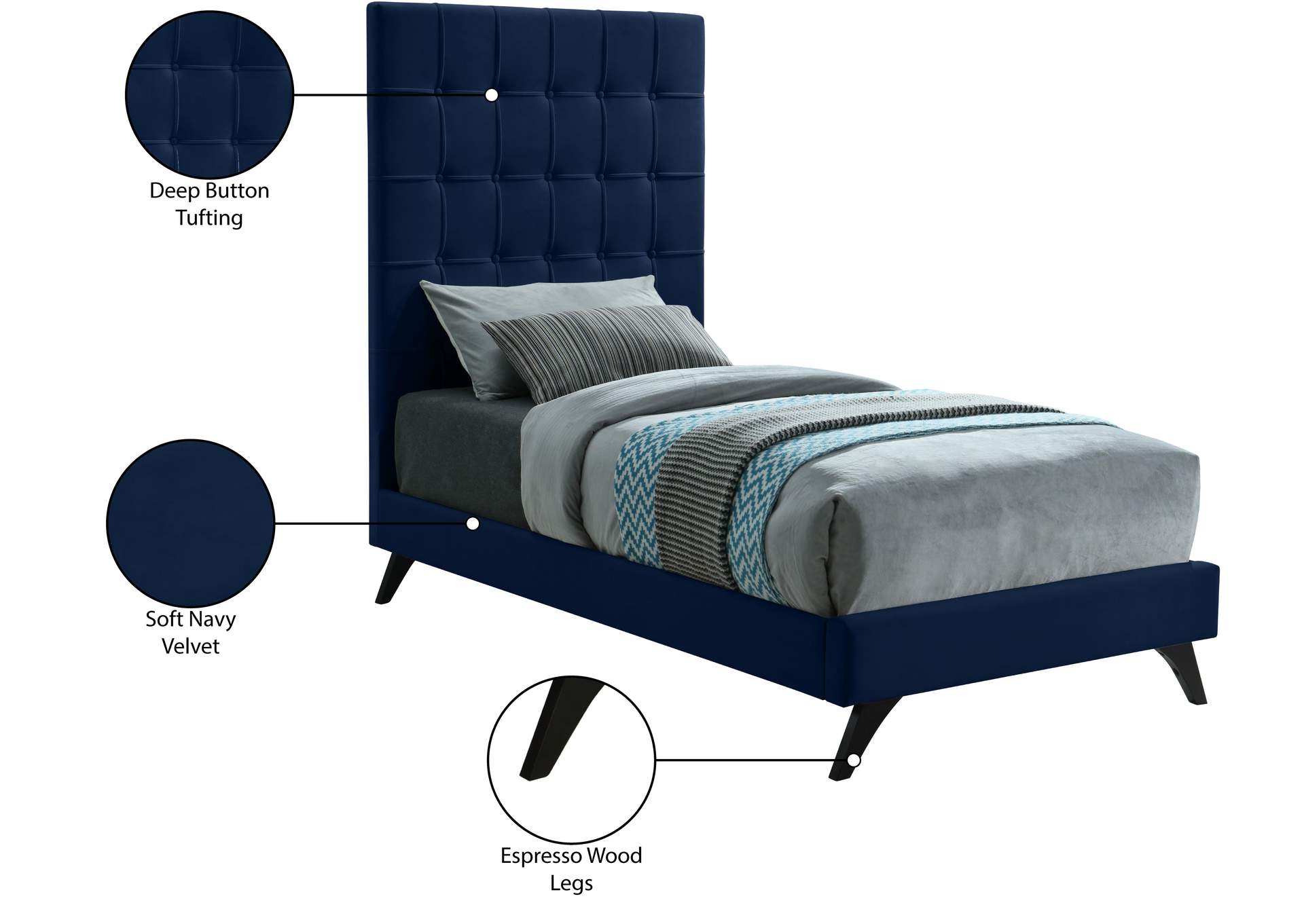Elly Navy Velvet Twin Bed