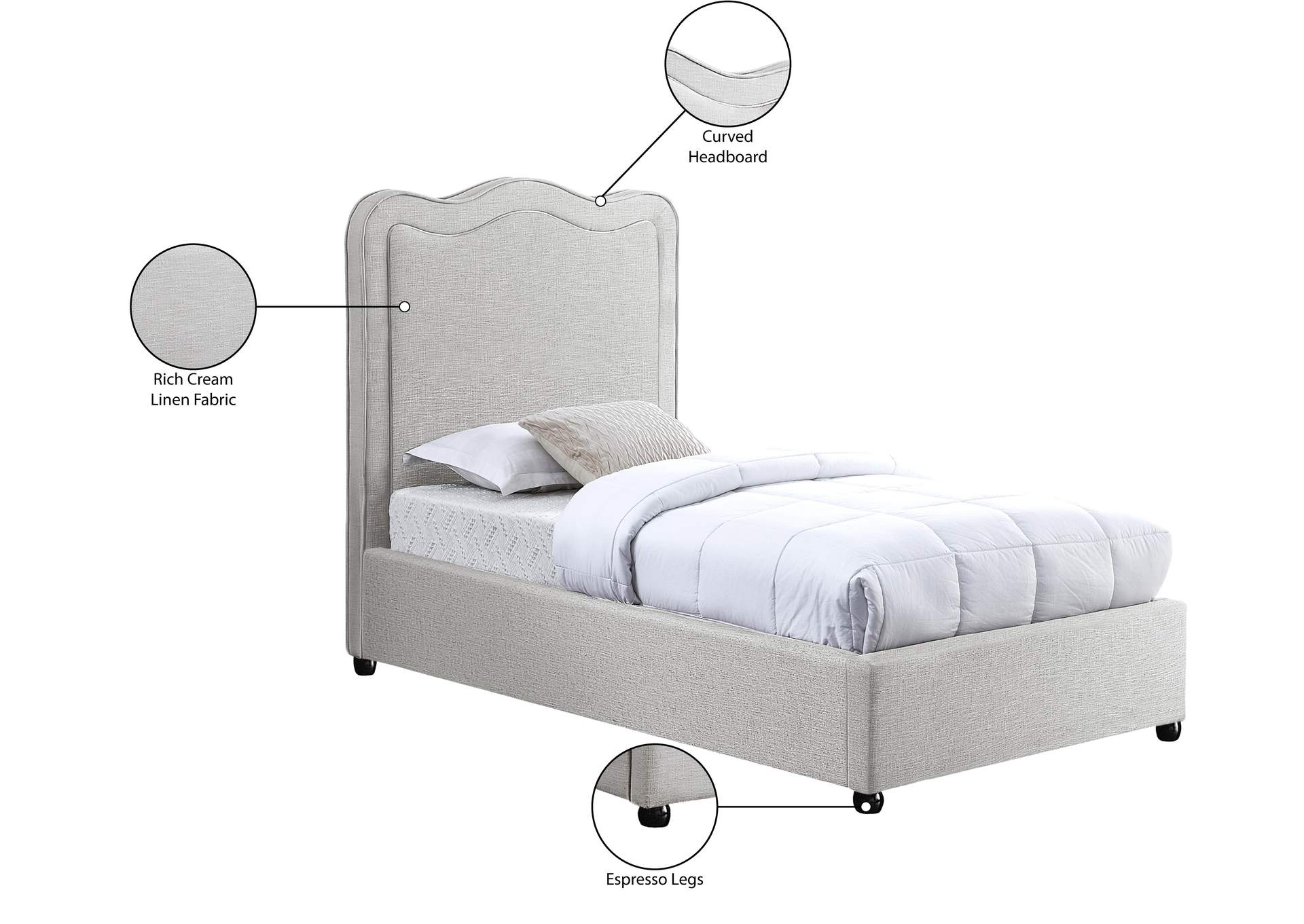 Felix Cream Linen Textured Fabric Twin Bed