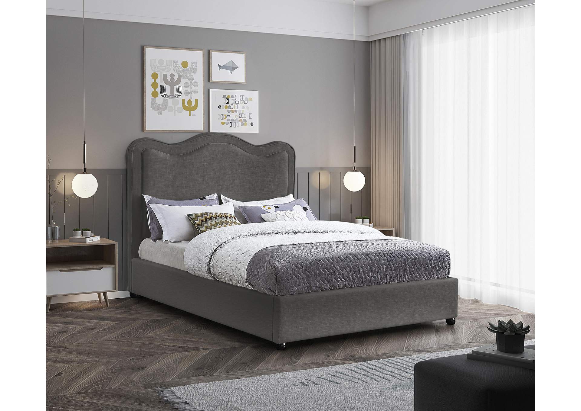 Felix Grey Linen Textured Fabric King Bed