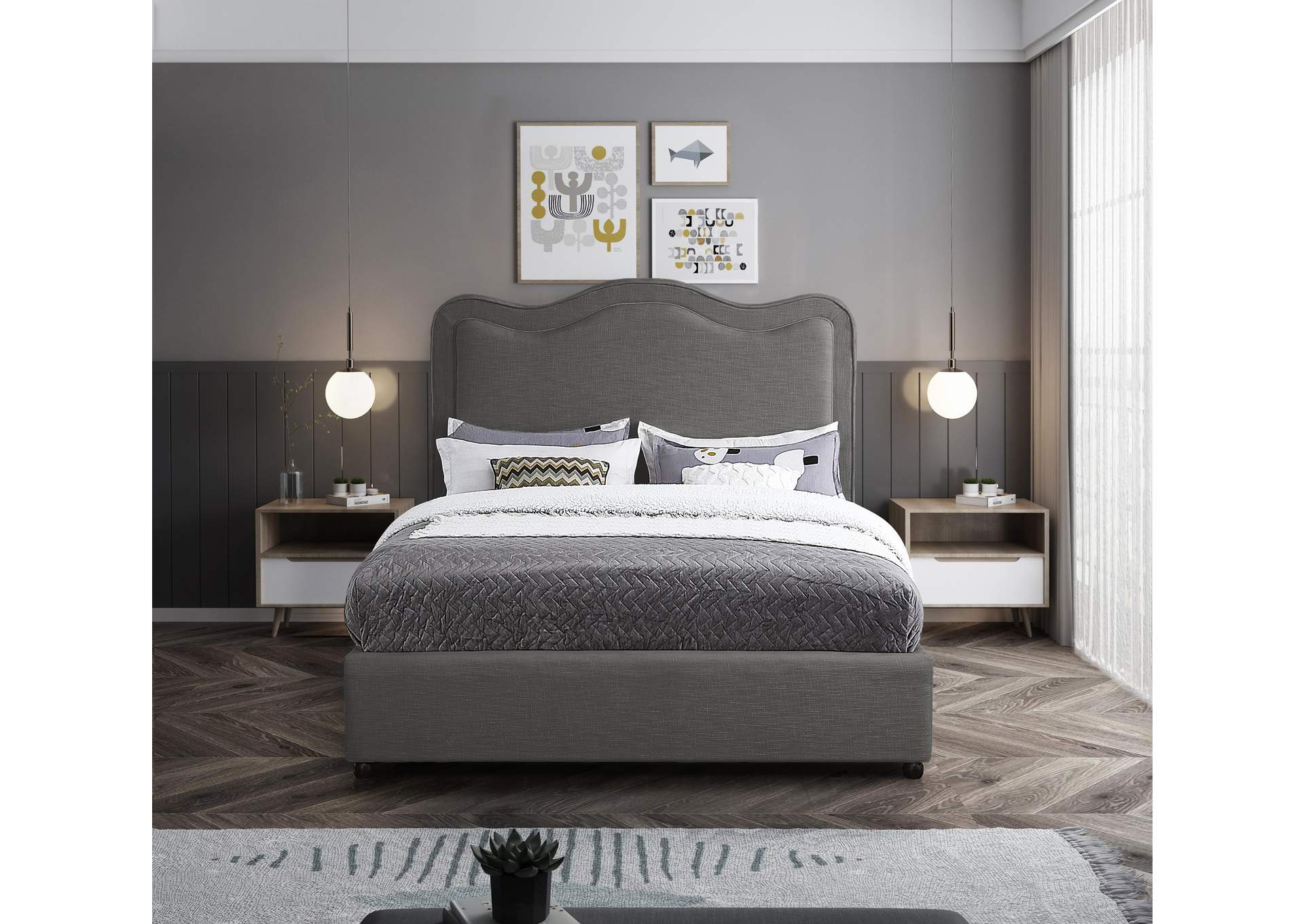 Felix Grey Linen Textured Fabric King Bed
