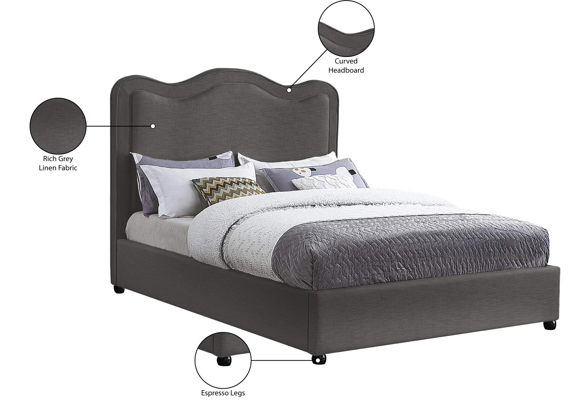 Felix Grey Linen Textured Fabric Queen Bed