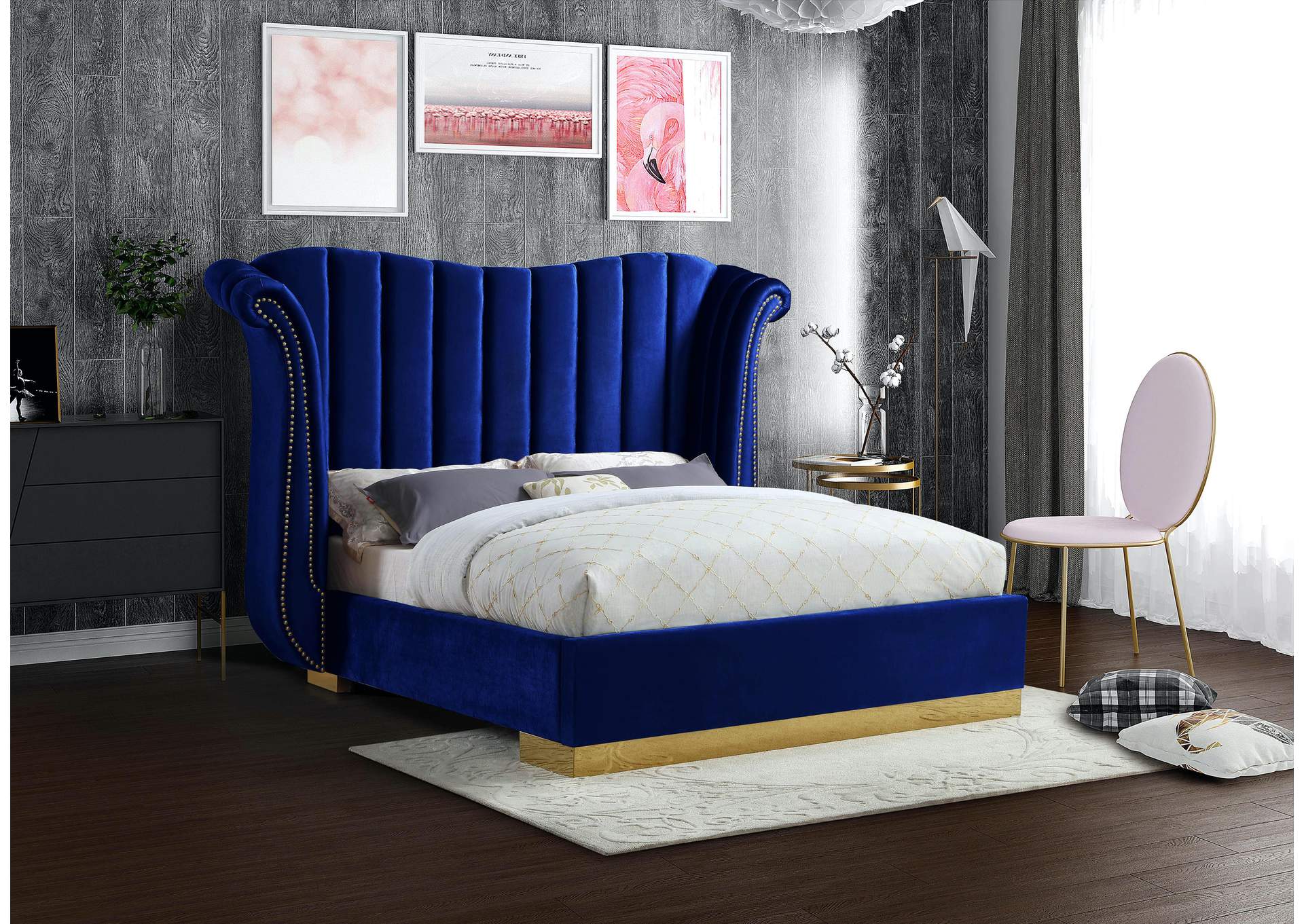 Flora Navy Velvet King Bed (3 Boxes)