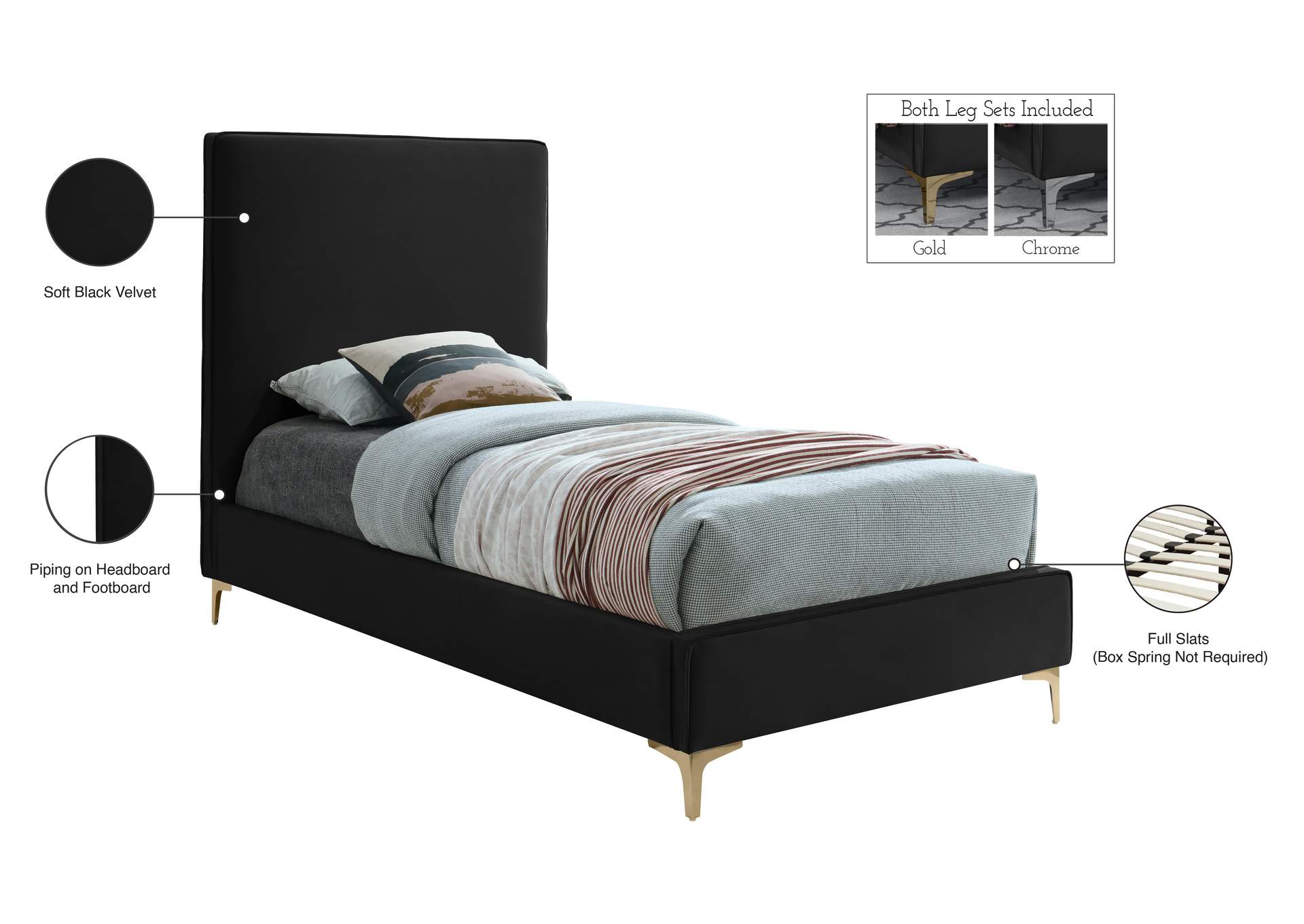 Geri Black Velvet Twin Bed