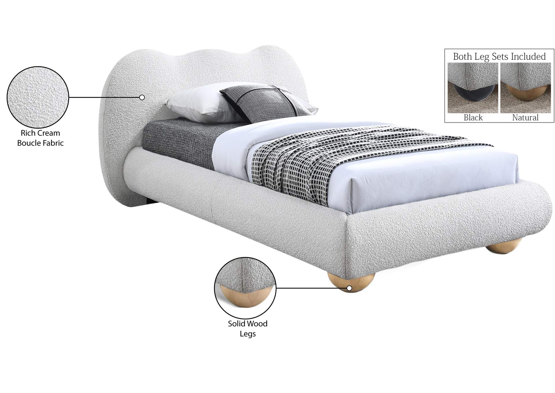 Hyde Cream Boucle Fabric Twin Bed (3 Boxes)