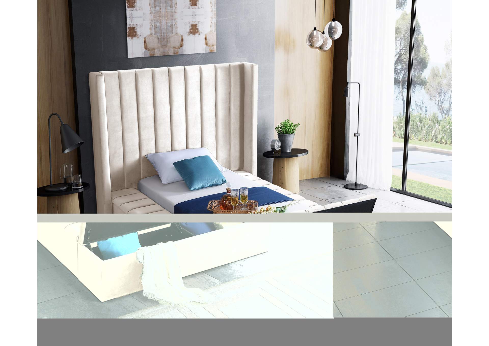 Kiki Cream Velvet Twin Bed (3 Boxes)