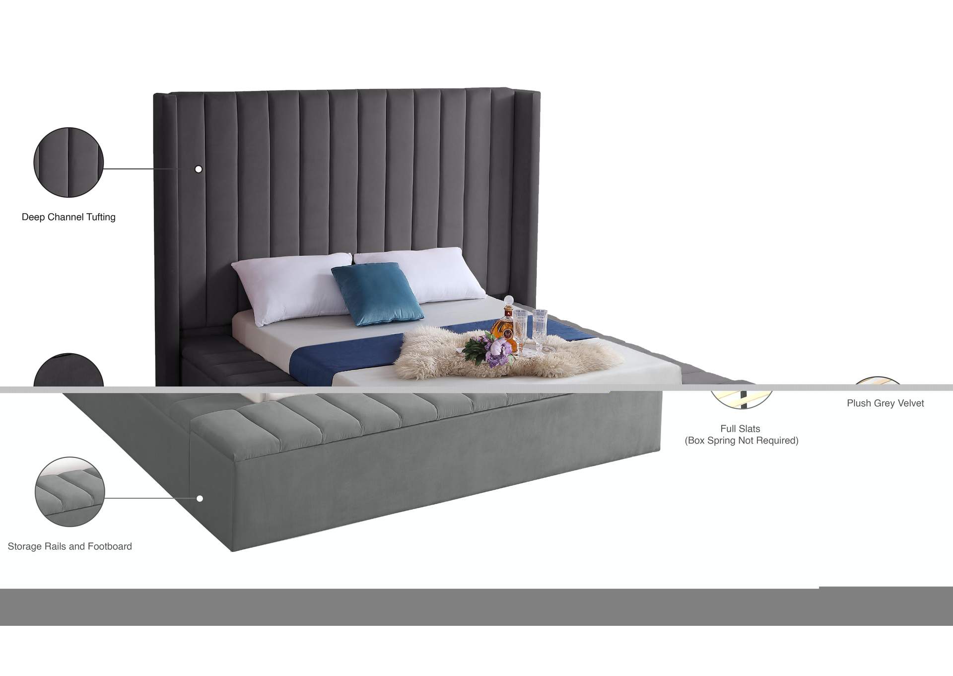 Kiki Grey Velvet Full Bed (3 Boxes)
