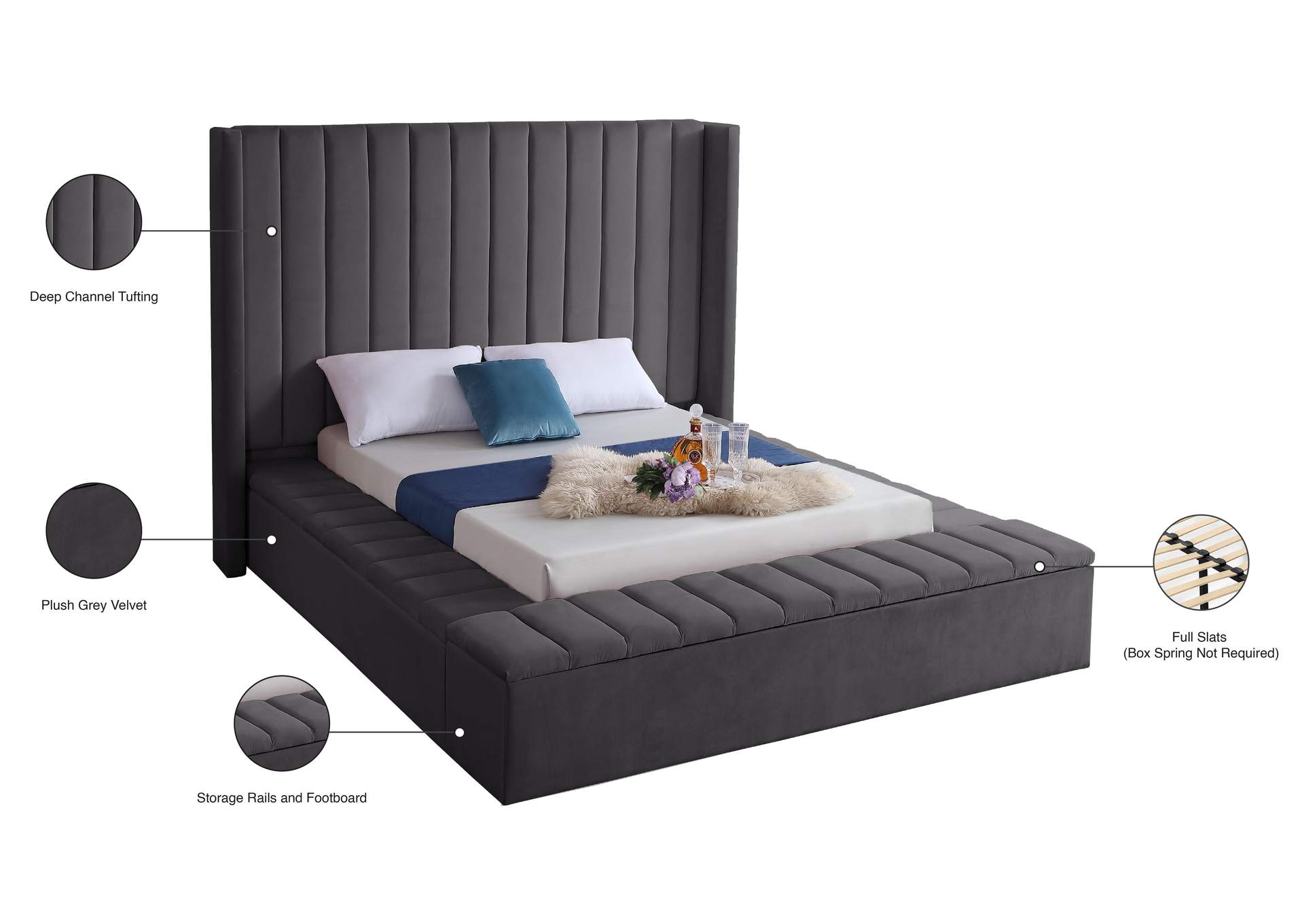 Kiki Grey Velvet King Bed (3 Boxes)