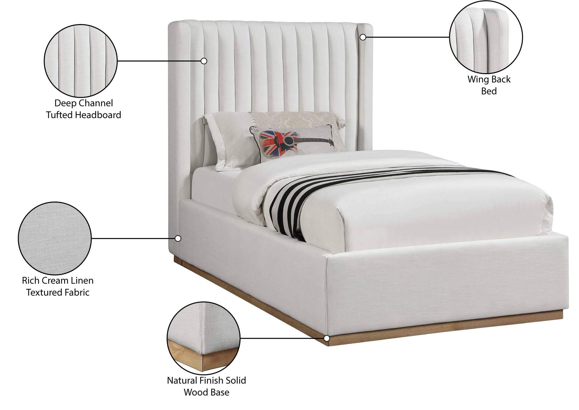 Logan Cream Linen Textured Fabric Twin Bed image 10