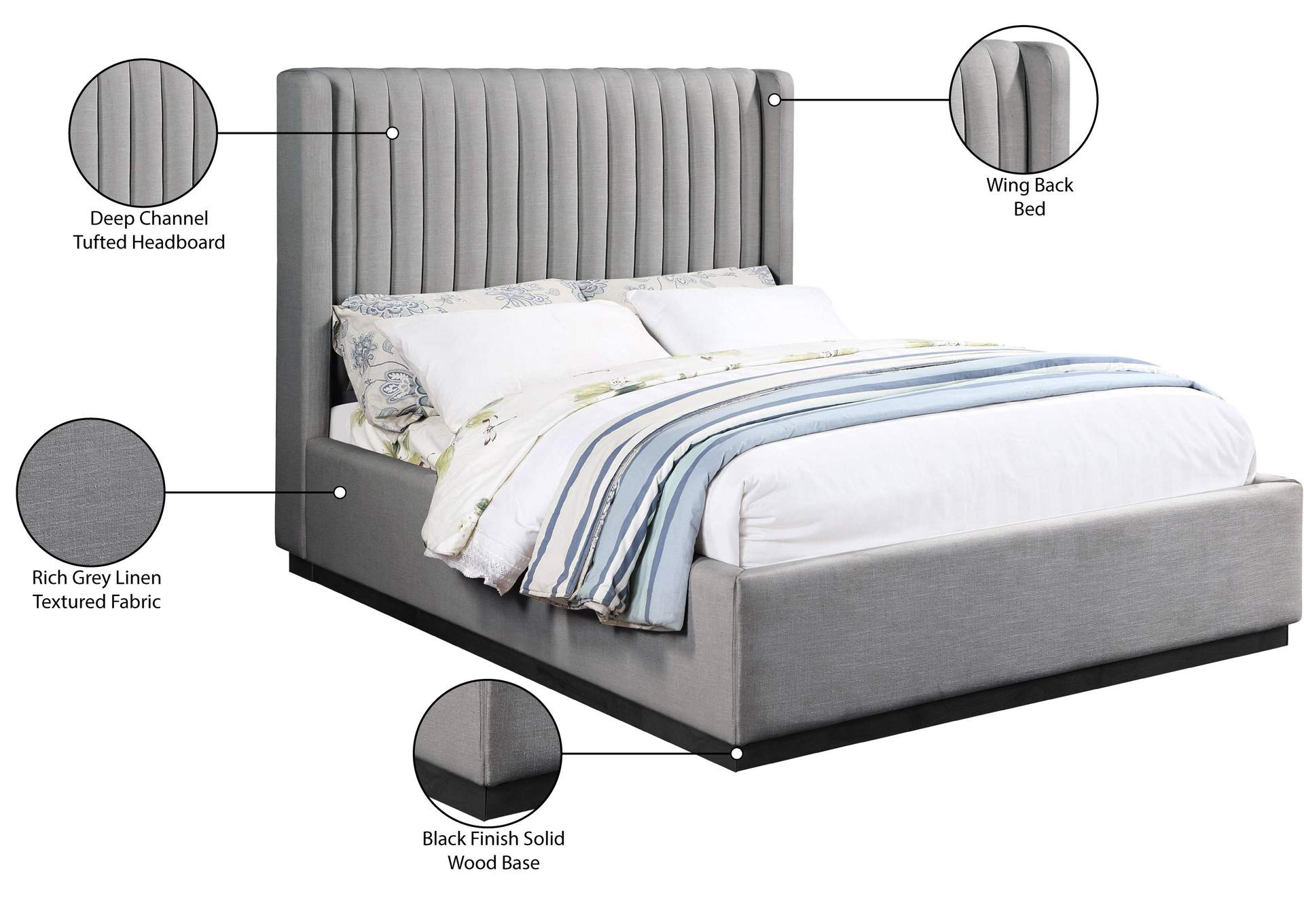 Logan Grey Linen Textured Fabric Full Bed