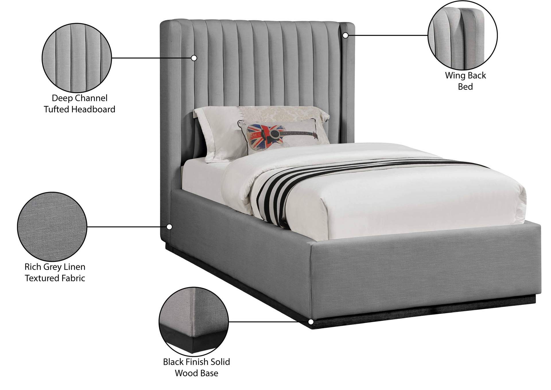 Logan Grey Linen Textured Fabric Twin Bed