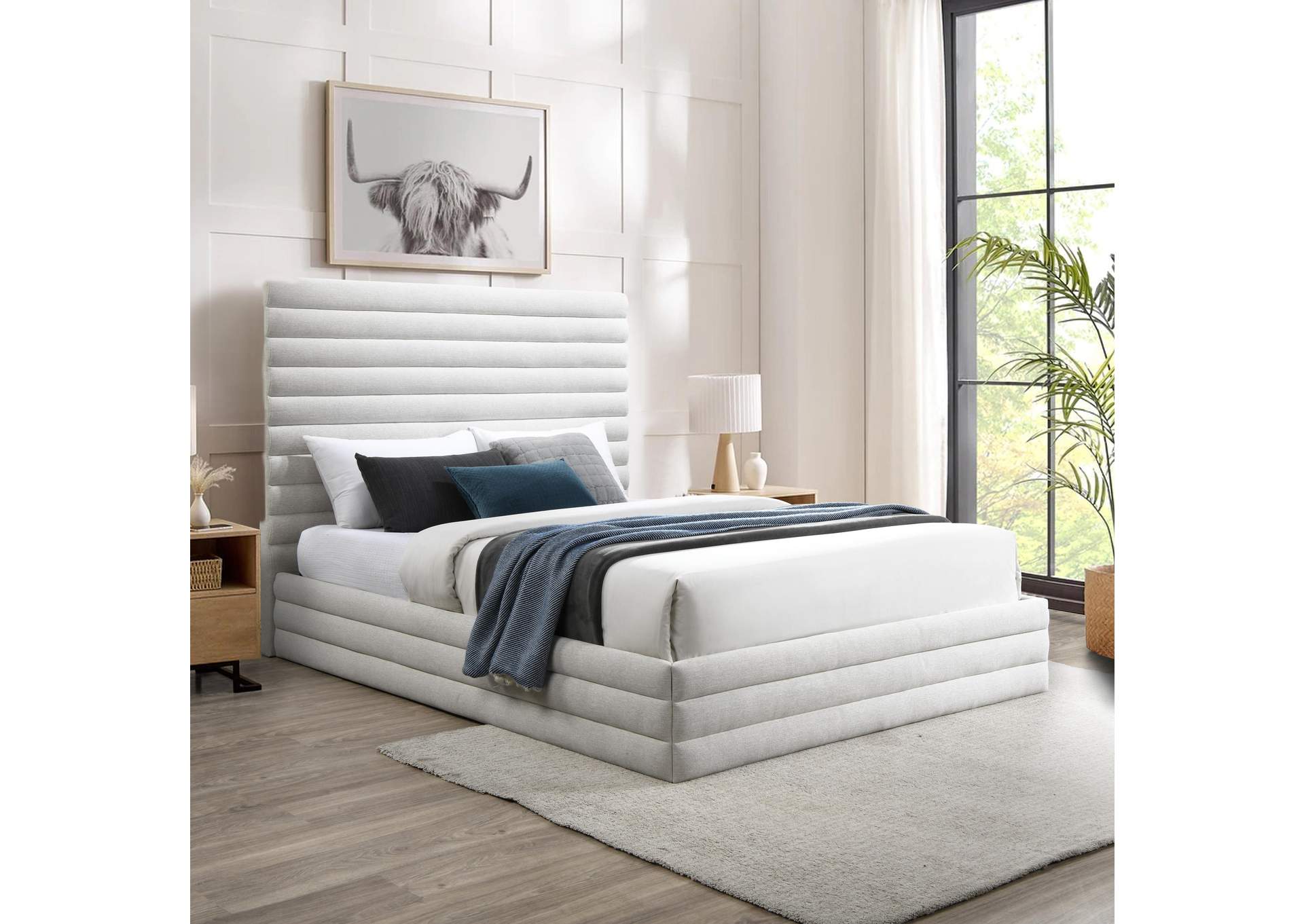 Maxwell Cream Linen Textured Fabric Queen Bed (3 Boxes)