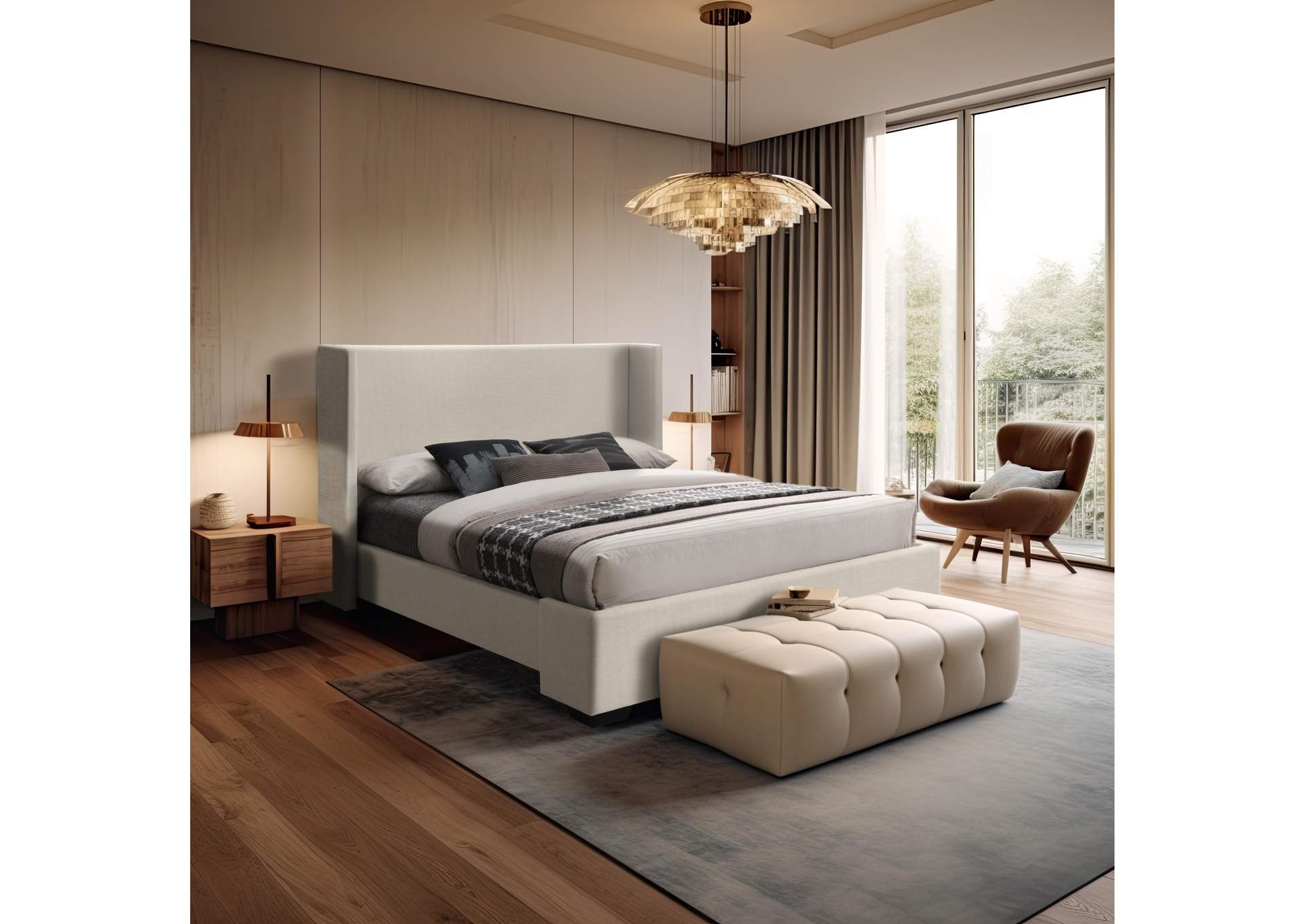 Oxford Beige Linen Textured Fabric Full Bed (3 Boxes)